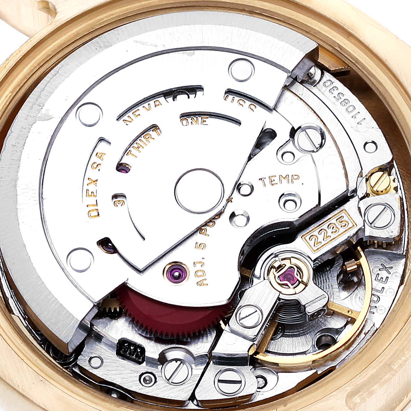 This image shows the internal movement mechanism of the Rolex President 179158 Women's Yellow Gold Champagne Dial 179158 Women's Yellow Gold Champagne Dial model watch from a close-up angle.