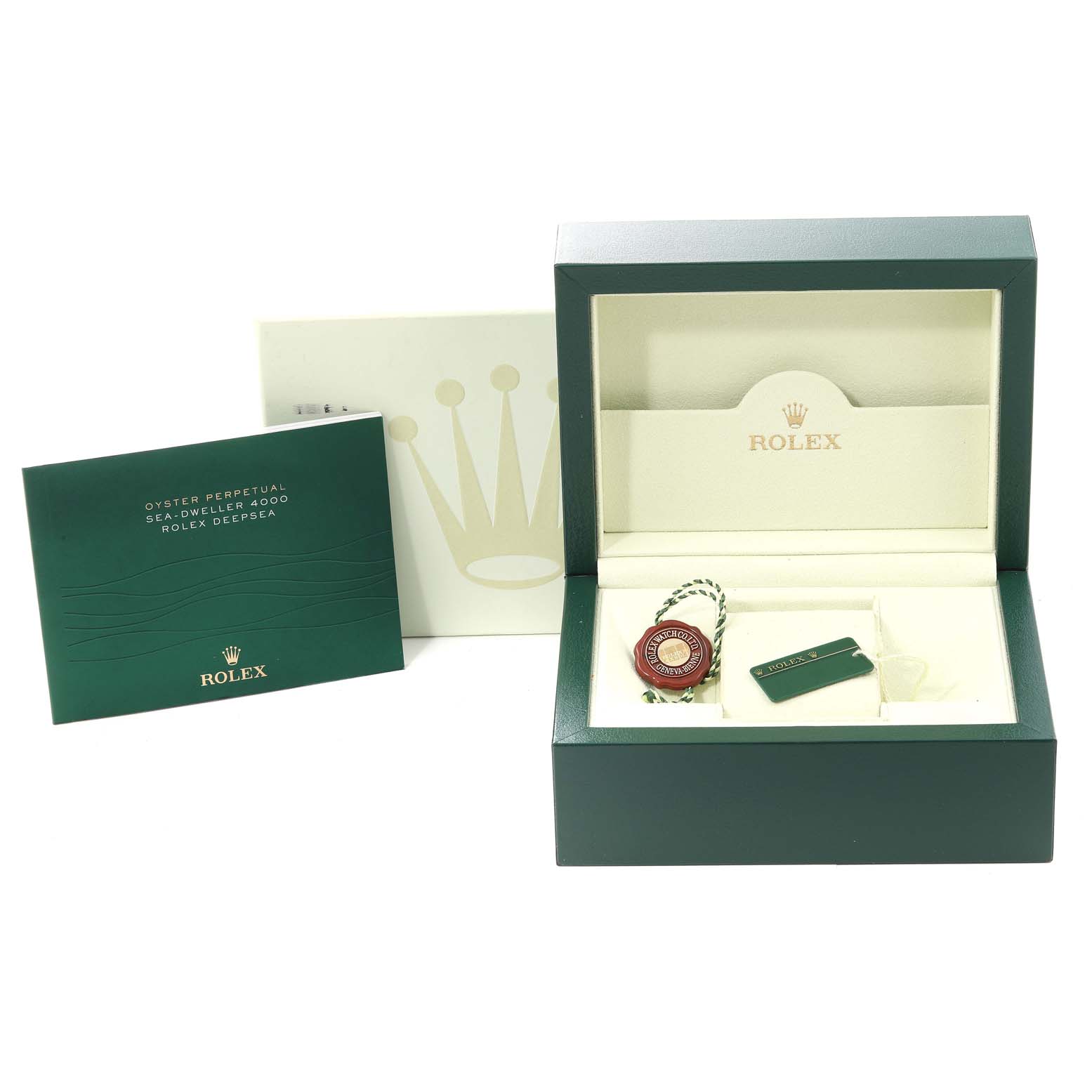 The image shows the packaging and accessories of a Rolex President 179158 Women's Yellow Gold Champagne Dial 179158 Women's Yellow Gold Champagne Dial model watch, including a box, booklet, and tags.