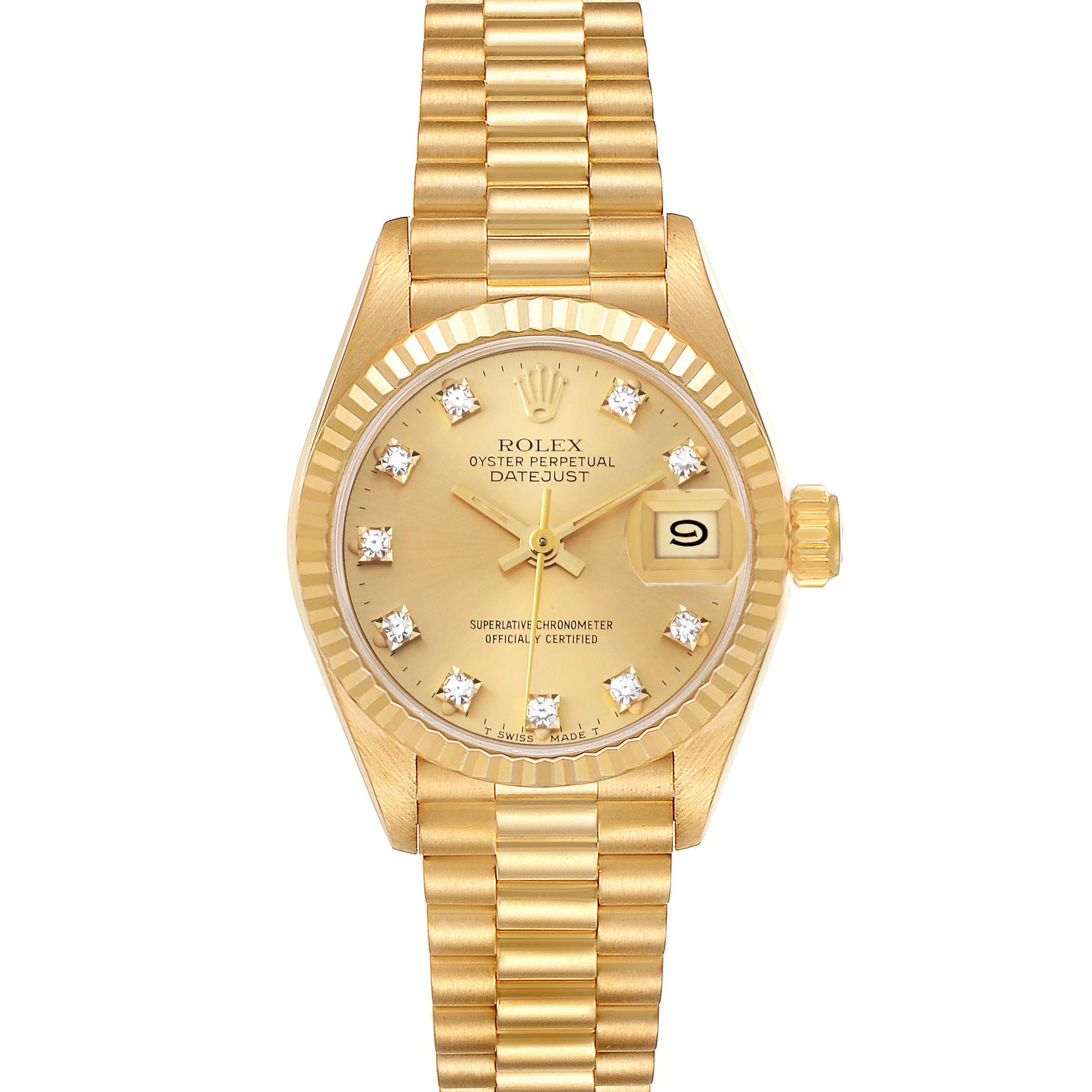 This image shows a Rolex President 69178 Women's Yellow Gold Champagne Dial 69178 Women's Yellow Gold Champagne Dial Datejust watch from the front, including the dial, bezel, hands, and bracelet.