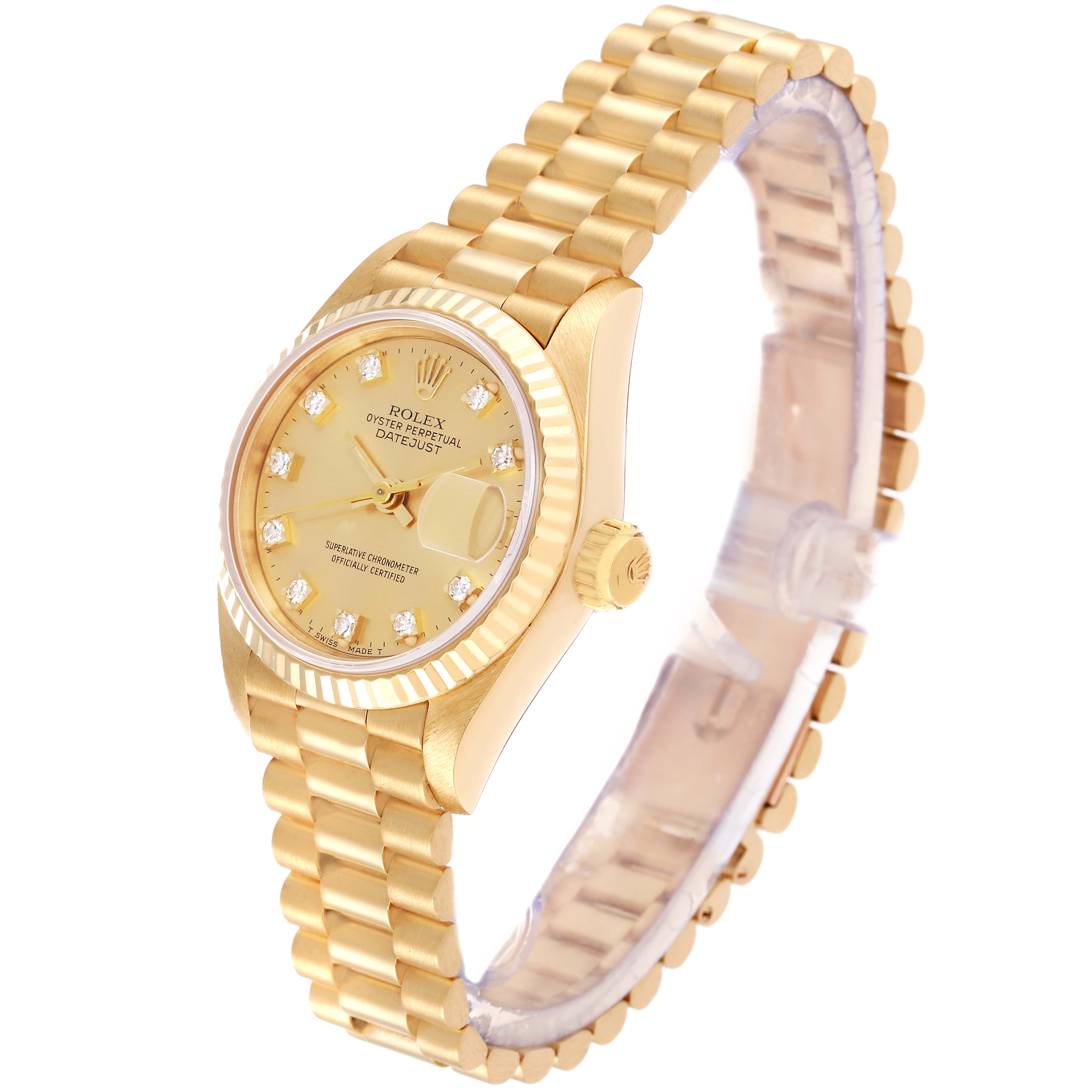 The Rolex President 69178 Women's Yellow Gold Champagne Dial 69178 Women's Yellow Gold Champagne Dial model watch is shown at a three-quarter angle, displaying the dial, crown, and bracelet.