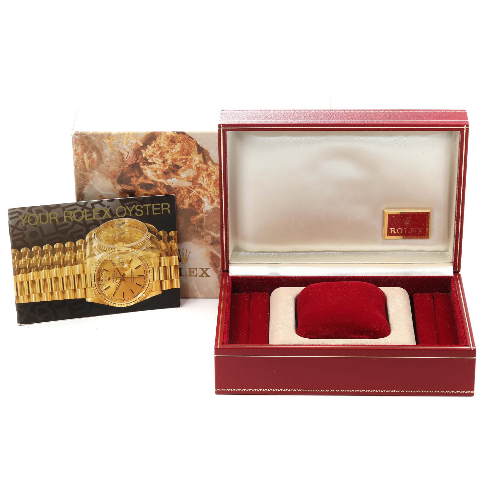 The image shows a Rolex President 69178 Women's Yellow Gold Champagne Dial 69178 Women's Yellow Gold Champagne Dial watch box, accompanying booklet, and packaging at a slight angle.