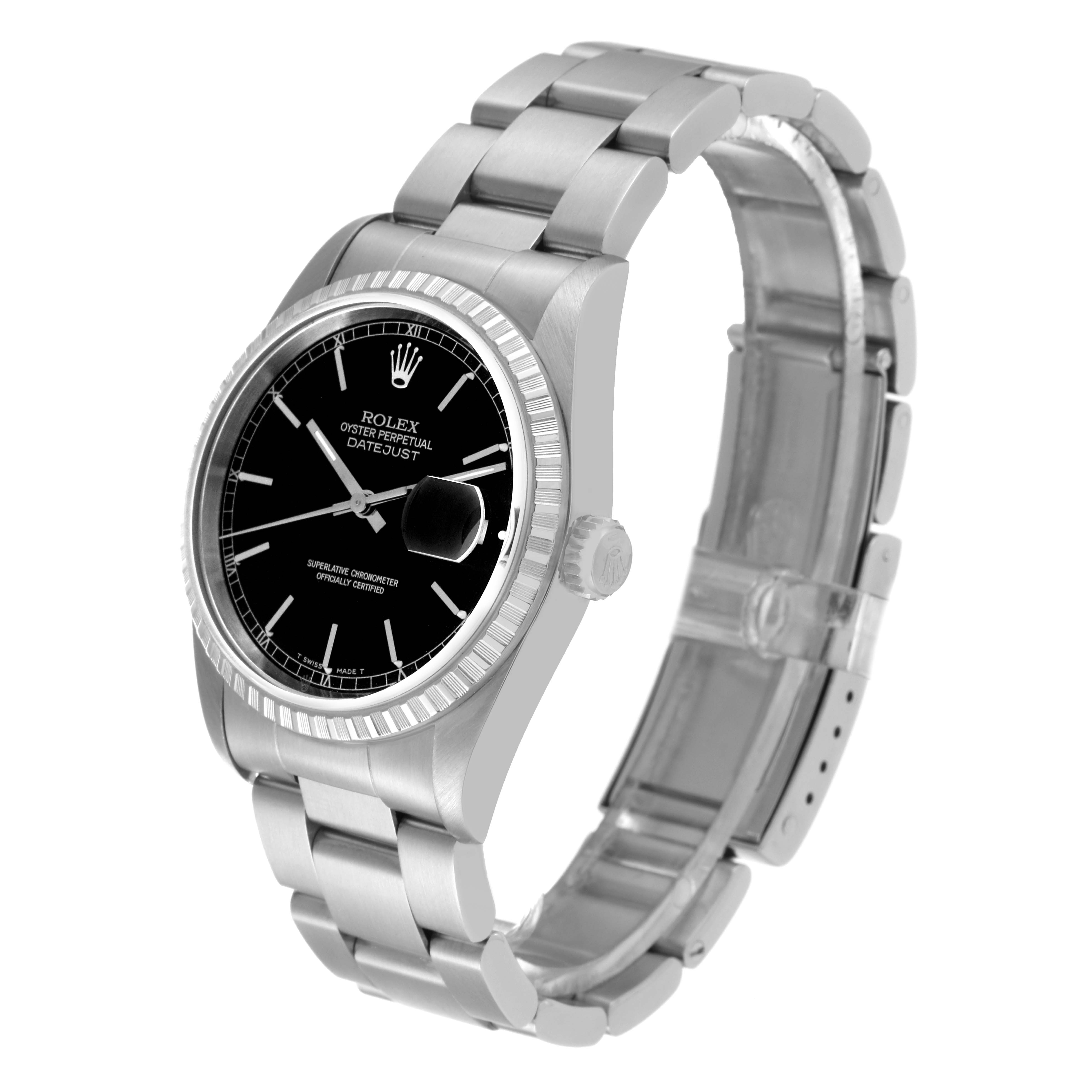 The Rolex Datejust 16220 Men's Stainless Steel Black Dial 16220 Men's Stainless Steel Black Dial watch is shown at a slight angle from the front-left, displaying the face, bezel, and part of the bracelet.