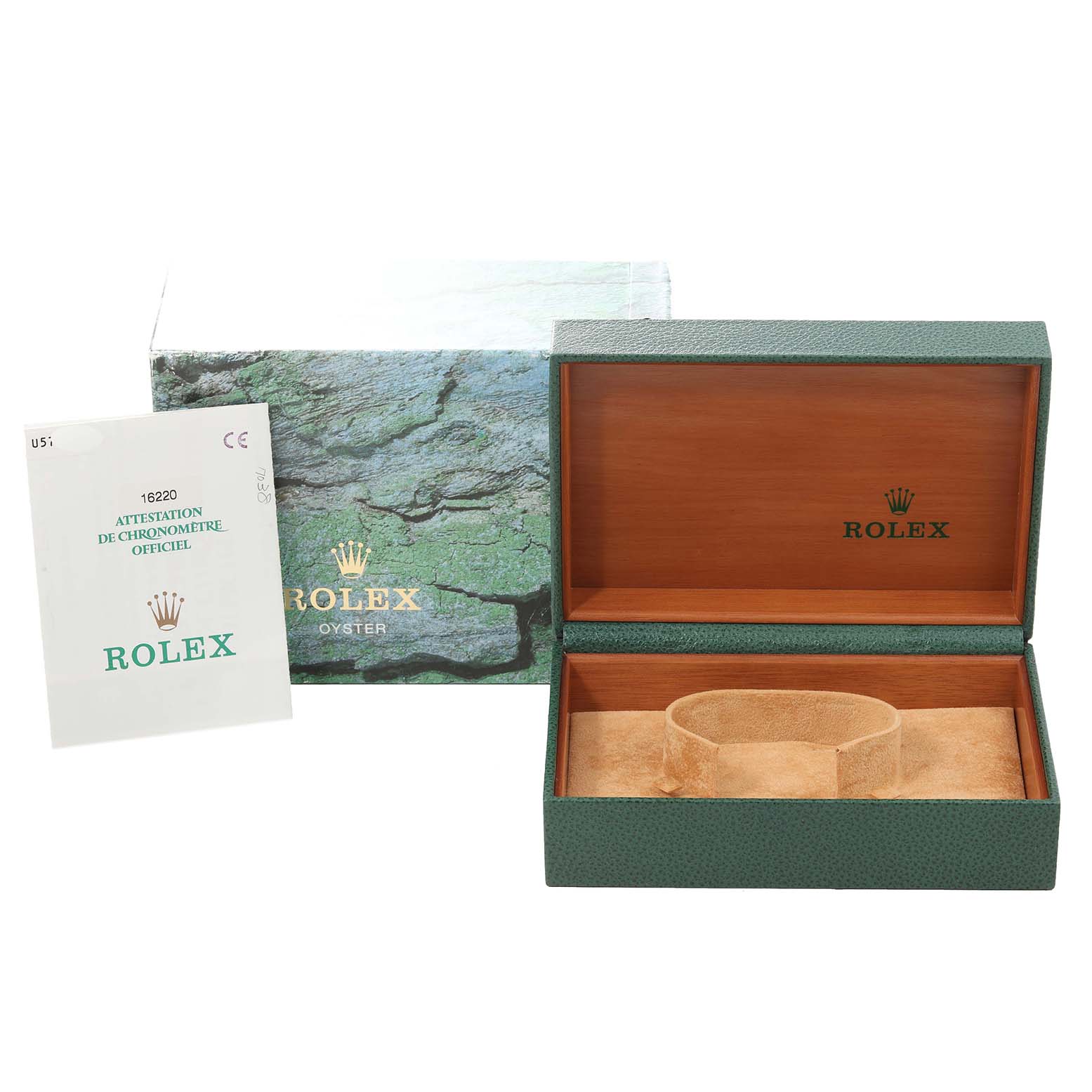 The image shows the packaging, including the box and documentation, for a Rolex Datejust 16220 Men's Stainless Steel Black Dial 16220 Men's Stainless Steel Black Dial watch.