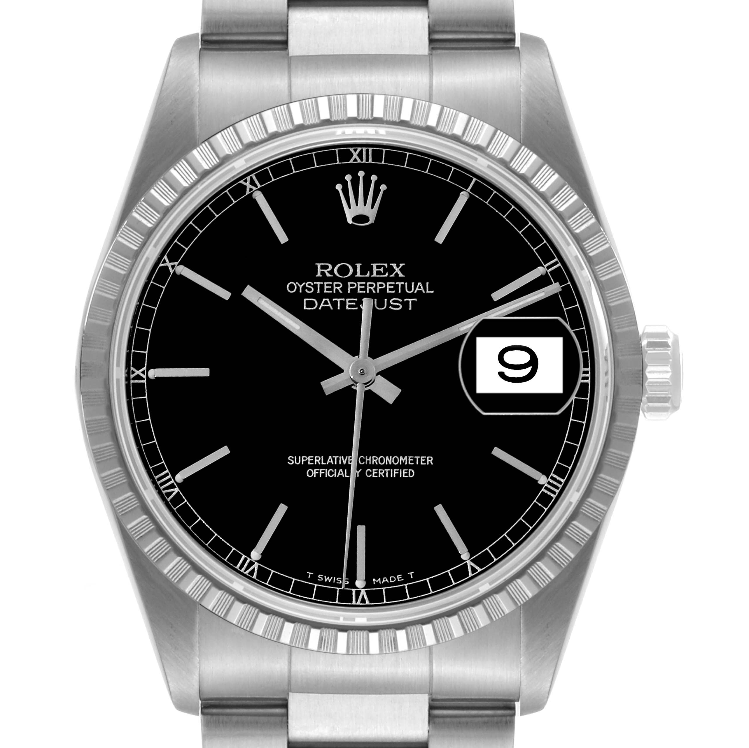 The image shows a front view of the Rolex Datejust 16220 Men's Stainless Steel Black Dial 16220 Men's Stainless Steel Black Dial watch, highlighting its dial, bezel, and part of the bracelet.