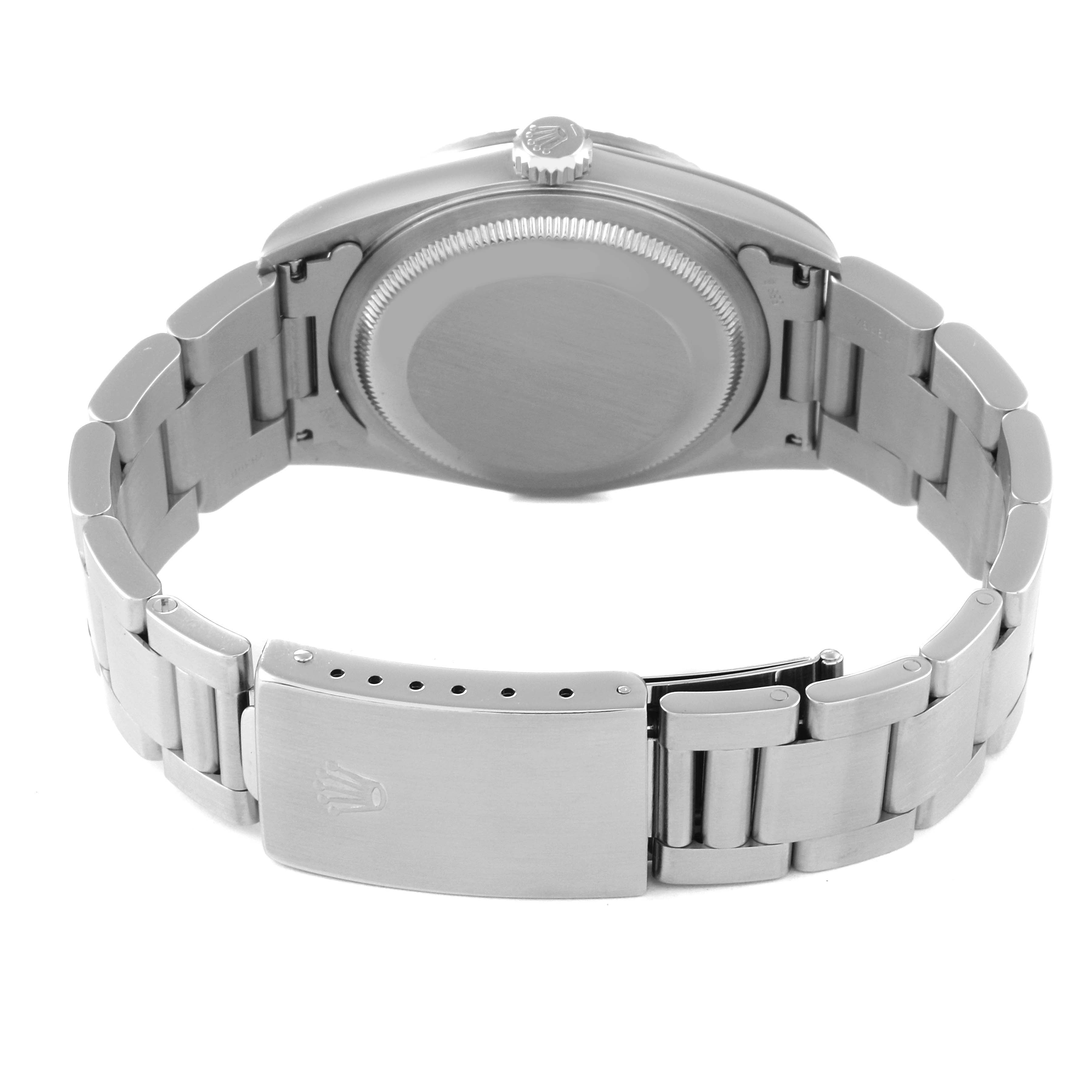 The image shows the back and clasp of a Rolex Datejust 16220 Men's Stainless Steel Black Dial 16220 Men's Stainless Steel Black Dial watch, highlighting the bracelet and case back.