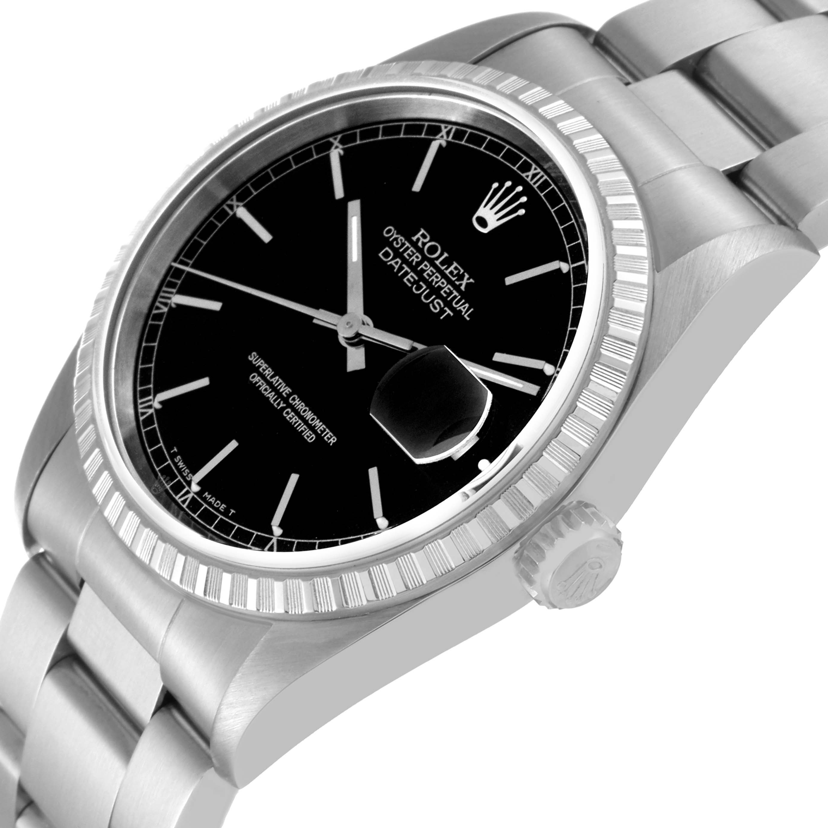 This Rolex Datejust 16220 Men's Stainless Steel Black Dial 16220 Men's Stainless Steel Black Dial watch is shown from an angled view, highlighting its black dial, fluted bezel, and stainless steel bracelet.