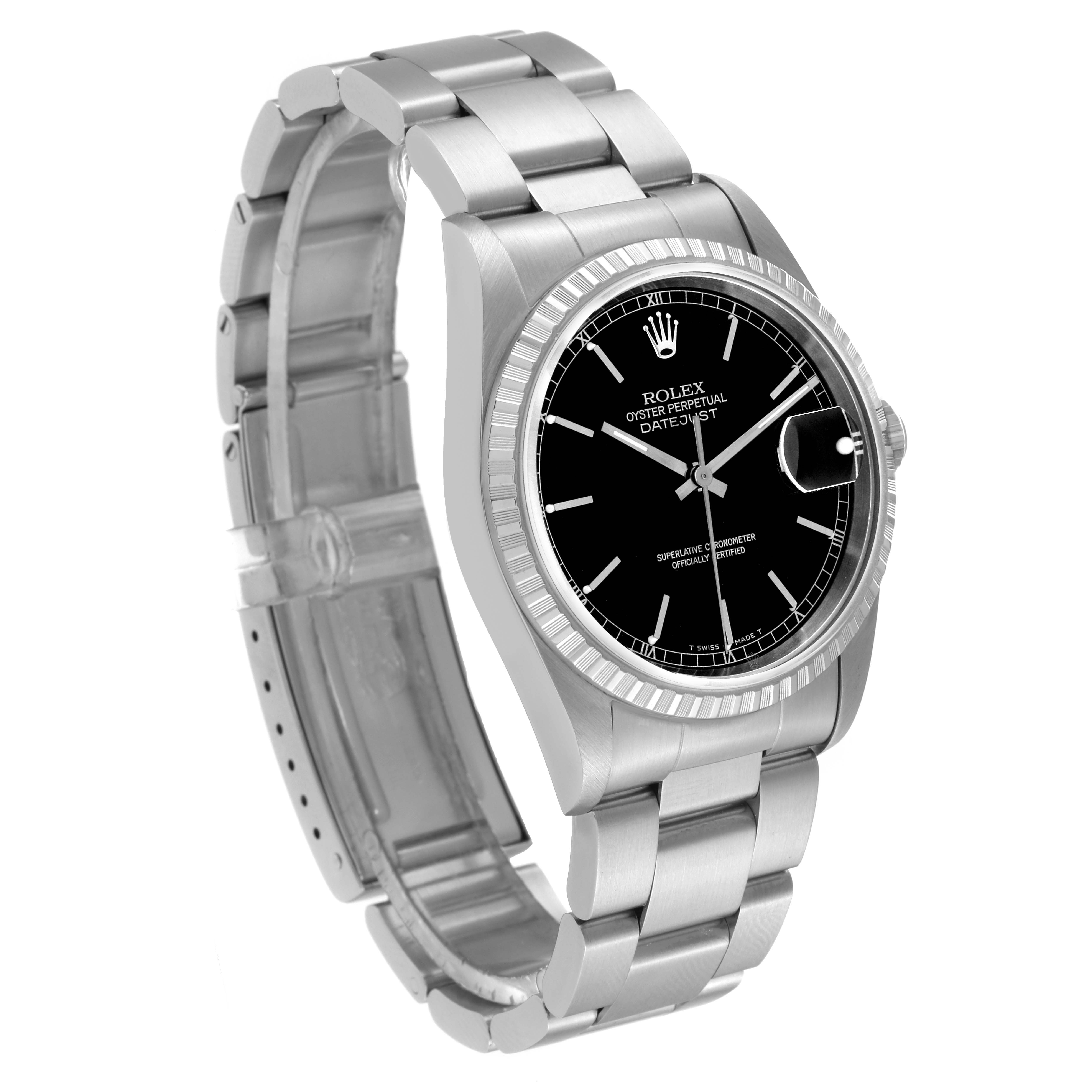 The image shows a Rolex Datejust 16220 Men's Stainless Steel Black Dial 16220 Men's Stainless Steel Black Dial watch at a three-quarter angle, highlighting the face, bezel, bracelet, and clasp.