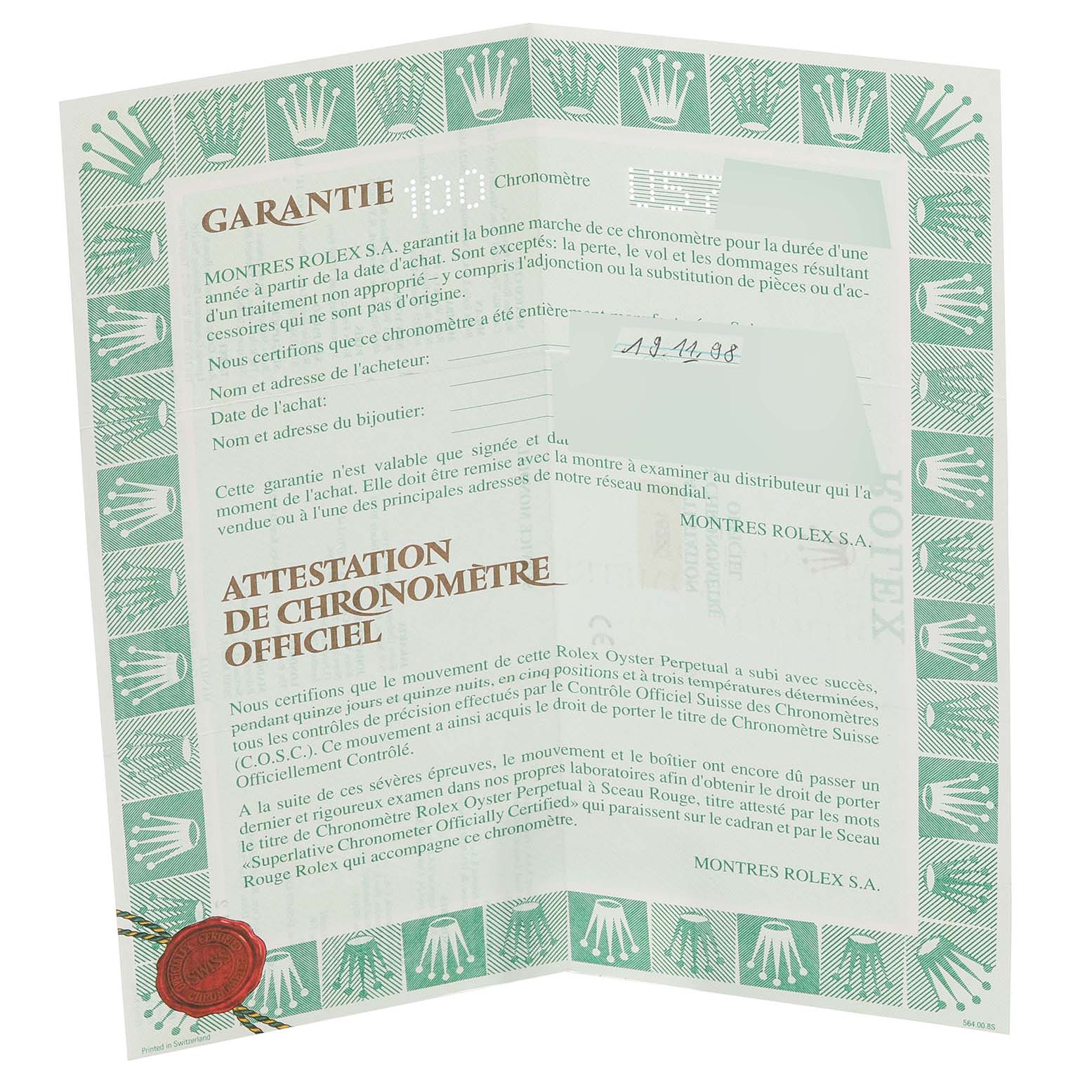 The image shows the warranty and official chronometer certification documentation for a Rolex Datejust 16220 Men's Stainless Steel Black Dial 16220 Men's Stainless Steel Black Dial watch.