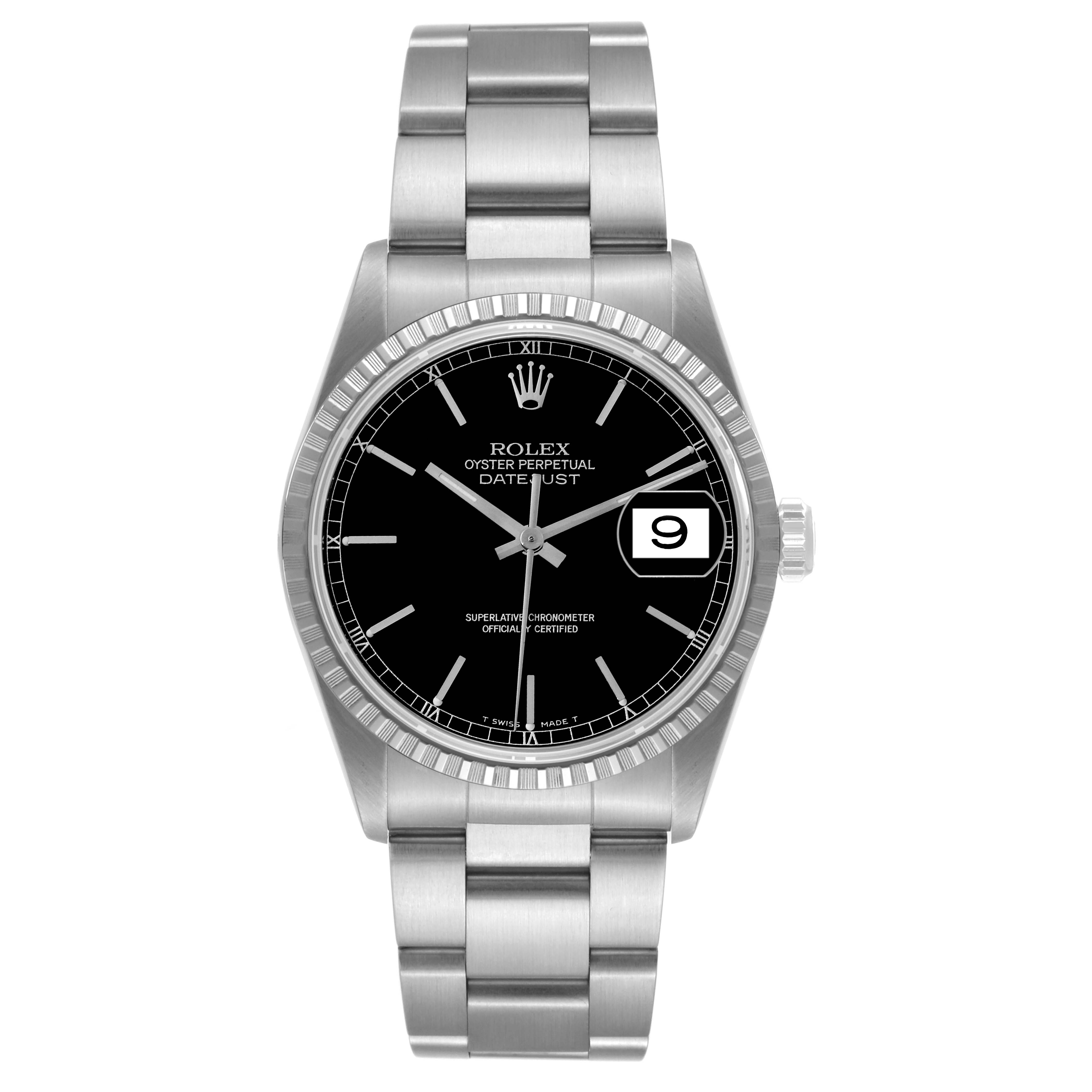 This image shows a Rolex Datejust 16220 Men's Stainless Steel Black Dial 16220 Men's Stainless Steel Black Dial watch from a front angle, highlighting the dial, bezel, bracelet, and date window.