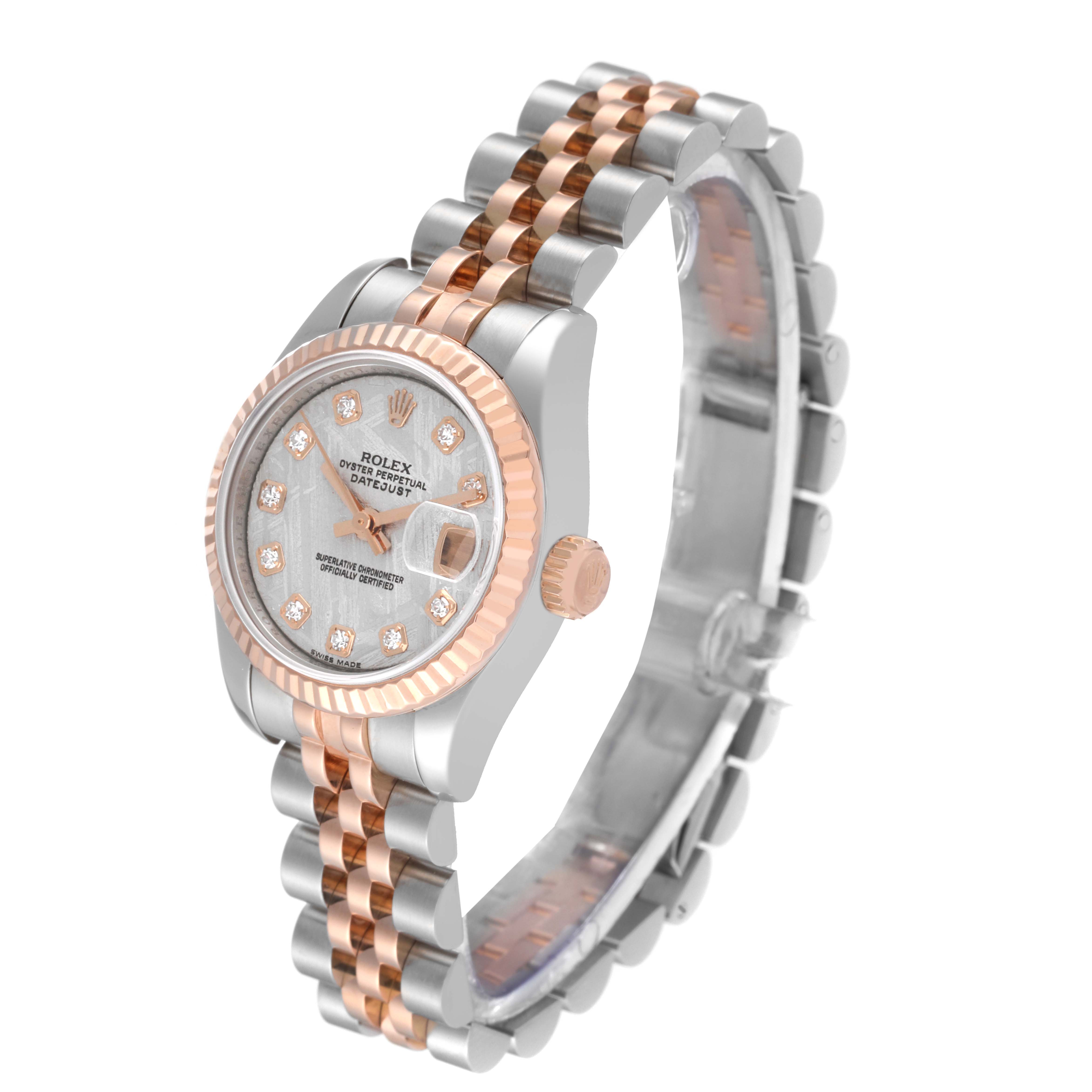 This image shows a Rolex Datejust 179171 Women's Steel and Gold (two tone) Silver Dial 179171 Women's Steel and Gold (two tone) Silver Dial watch at an angled view, showcasing its silver and rose gold Jubilee bracelet, fluted bezel, and diamond hour markers.