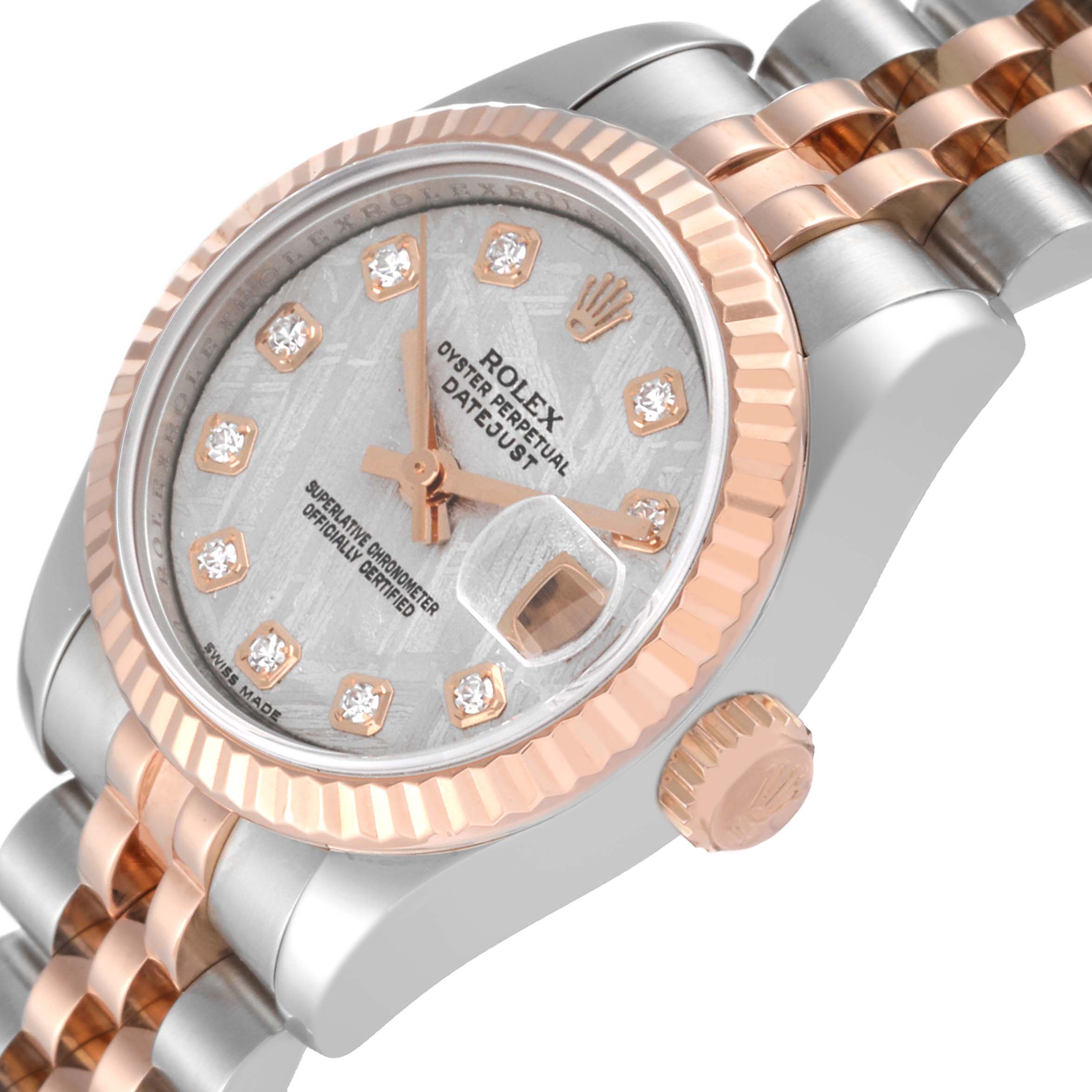 The Rolex Datejust 179171 Women's Steel and Gold (two tone) Silver Dial 179171 Women's Steel and Gold (two tone) Silver Dial watch is shown at an angled close-up, highlighting the case, bezel, dial, crown, and part of the bracelet.