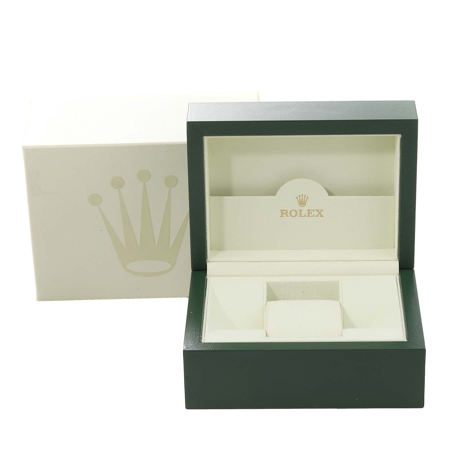 The image shows an open green and beige Rolex watch box for the Datejust model, with the lid propped open.