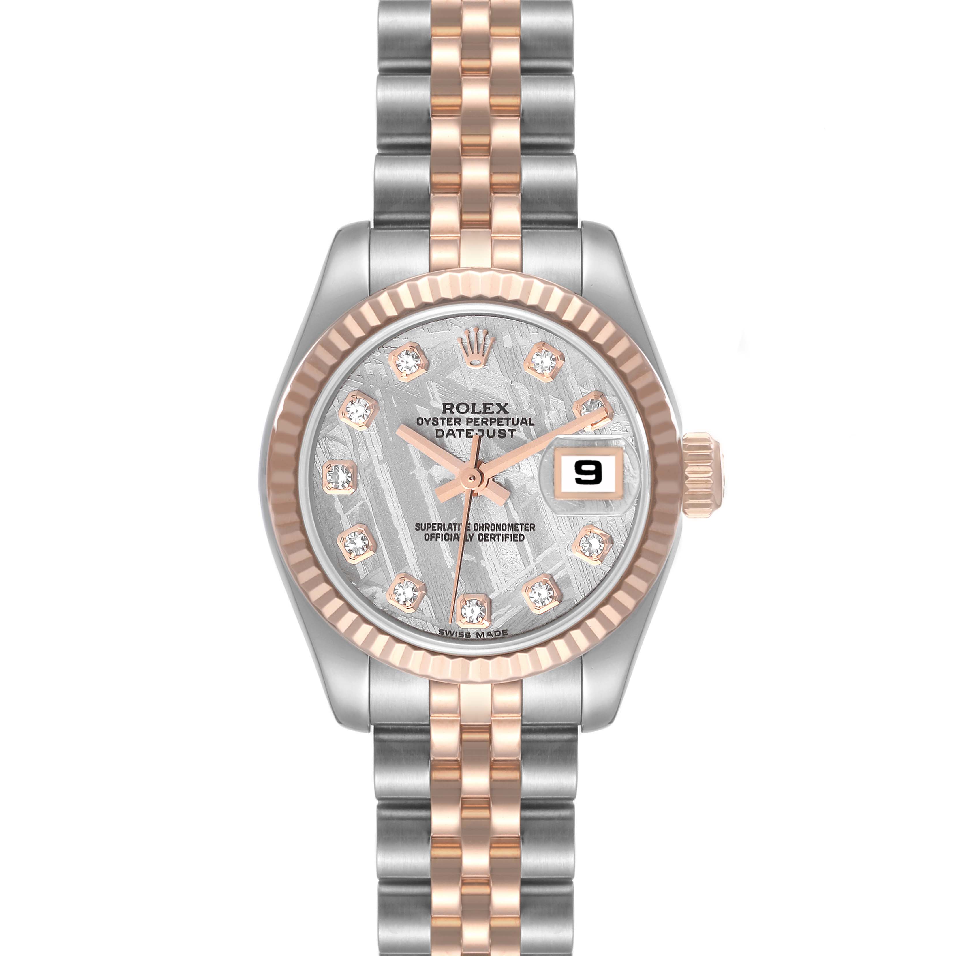 This Rolex Datejust 179171 Women's Steel and Gold (two tone) Silver Dial 179171 Women's Steel and Gold (two tone) Silver Dial model watch is shown from the front, displaying the face, bezel, crown, and bracelet.