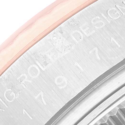 The image shows a close-up of the case back's engraving of a Rolex Datejust 179171 Women's Steel and Gold (two tone) Silver Dial 179171 Women's Steel and Gold (two tone) Silver Dial watch.