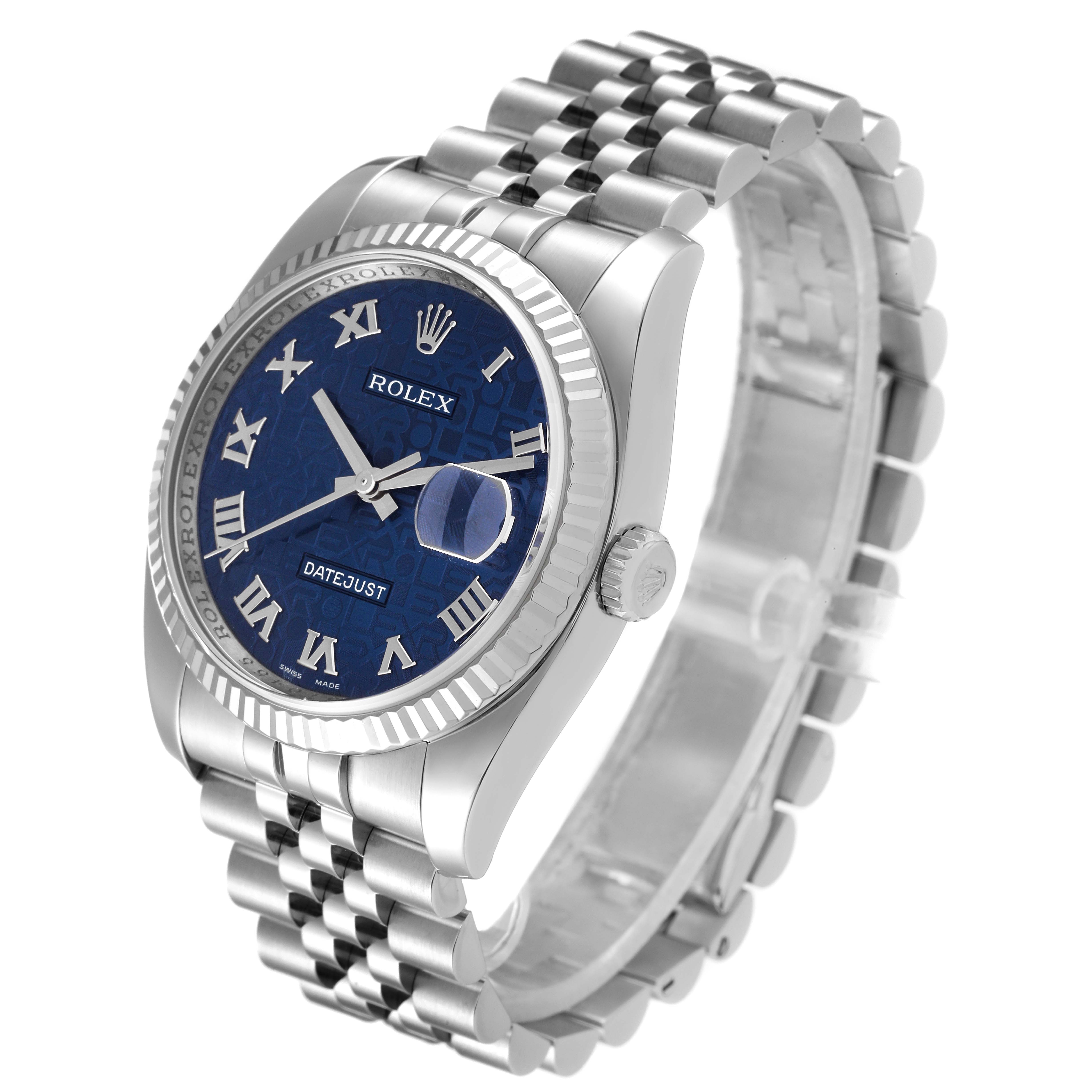 The Rolex Datejust 116234 Men's Stainless Steel Blue Dial 116234 Men's Stainless Steel Blue Dial watch is shown at a slight right angle, showcasing the face, bezel, crown, and bracelet.