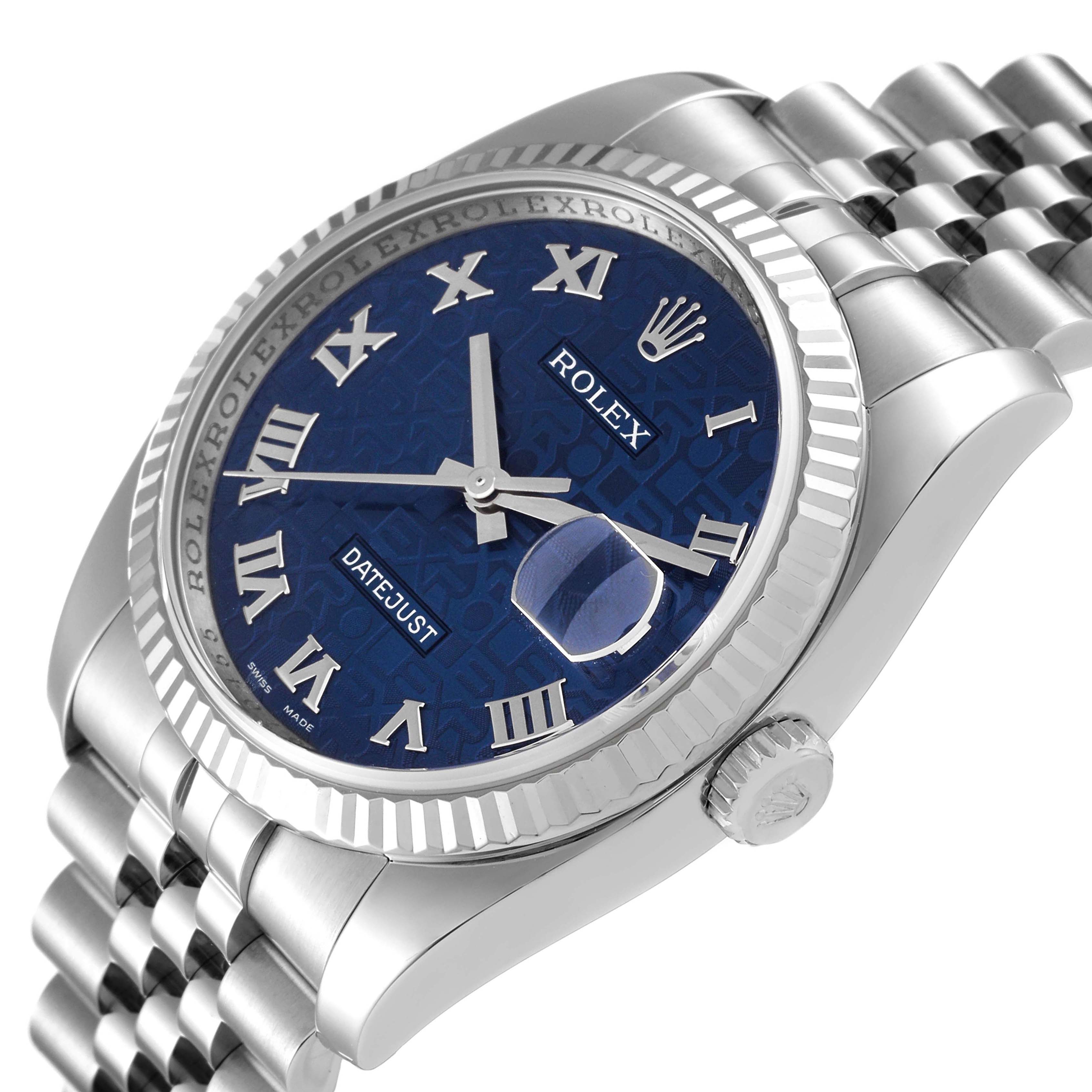 The Rolex Datejust 116234 Men's Stainless Steel Blue Dial 116234 Men's Stainless Steel Blue Dial watch is shown at a three-quarter angle, highlighting its face, Roman numerals, date window, and fluted bezel.