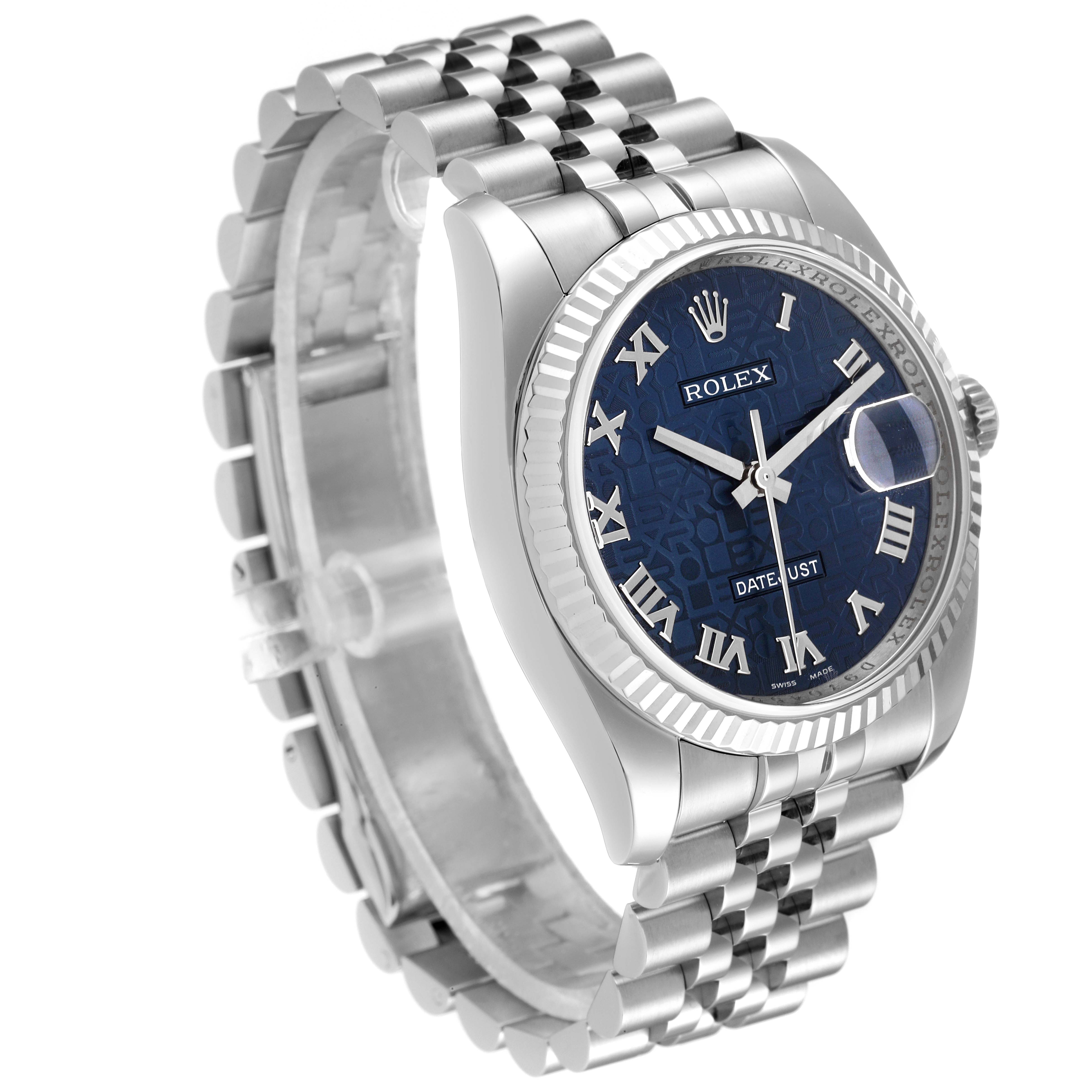 This image shows a Rolex Datejust 116234 Men's Stainless Steel Blue Dial 116234 Men's Stainless Steel Blue Dial watch at an oblique angle, highlighting the bezel, dial, crown, and bracelet.