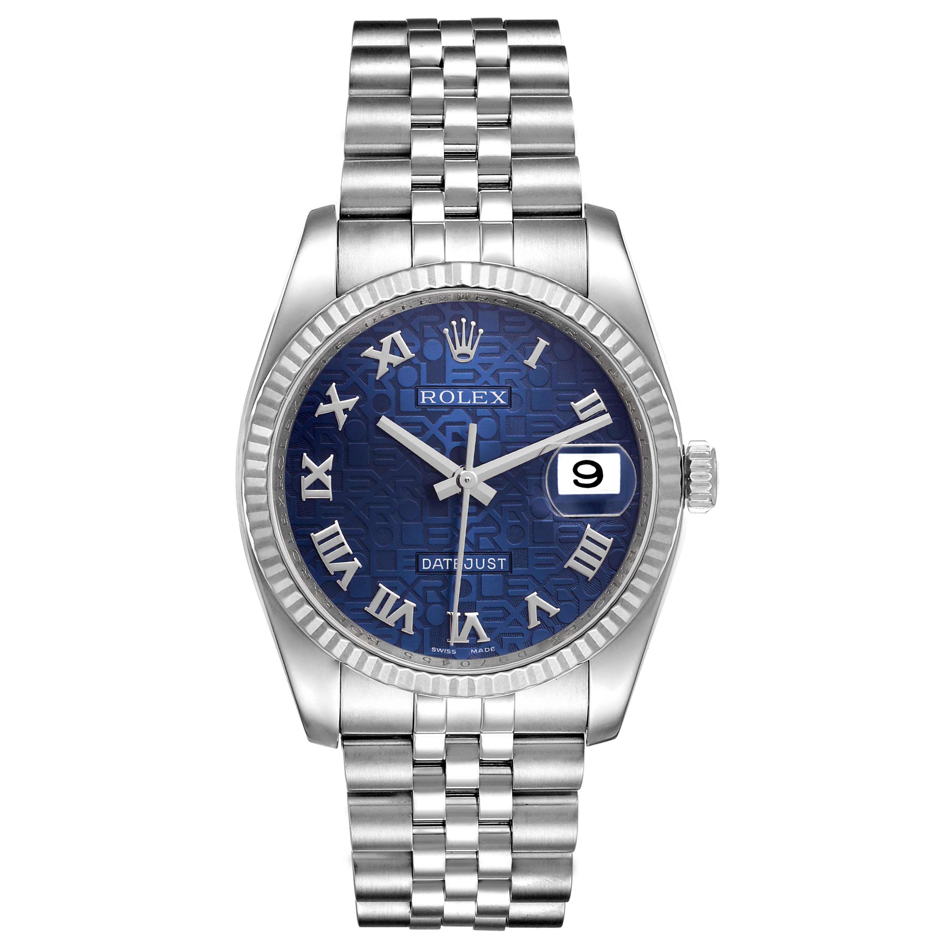 The image shows a front view of the Rolex Datejust 116234 Men's Stainless Steel Blue Dial 116234 Men's Stainless Steel Blue Dial watch, highlighting its blue dial, Roman numerals, and metal bracelet.