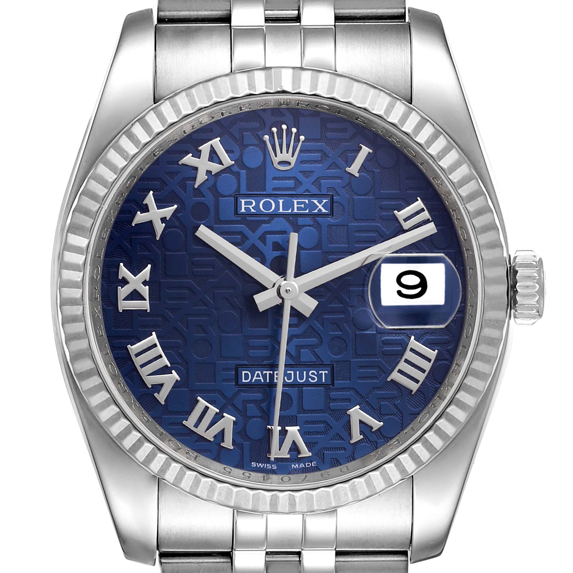 The image shows the front angle of a Rolex Datejust 116234 Men's Stainless Steel Blue Dial 116234 Men's Stainless Steel Blue Dial watch, highlighting the blue dial, Roman numerals, and date display.