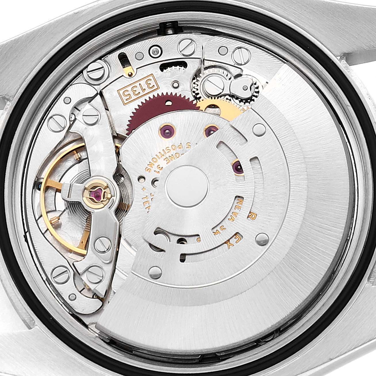 This image shows the internal mechanisms of the Rolex Datejust 116234 Men's Stainless Steel Blue Dial 116234 Men's Stainless Steel Blue Dial watch from a back angle.