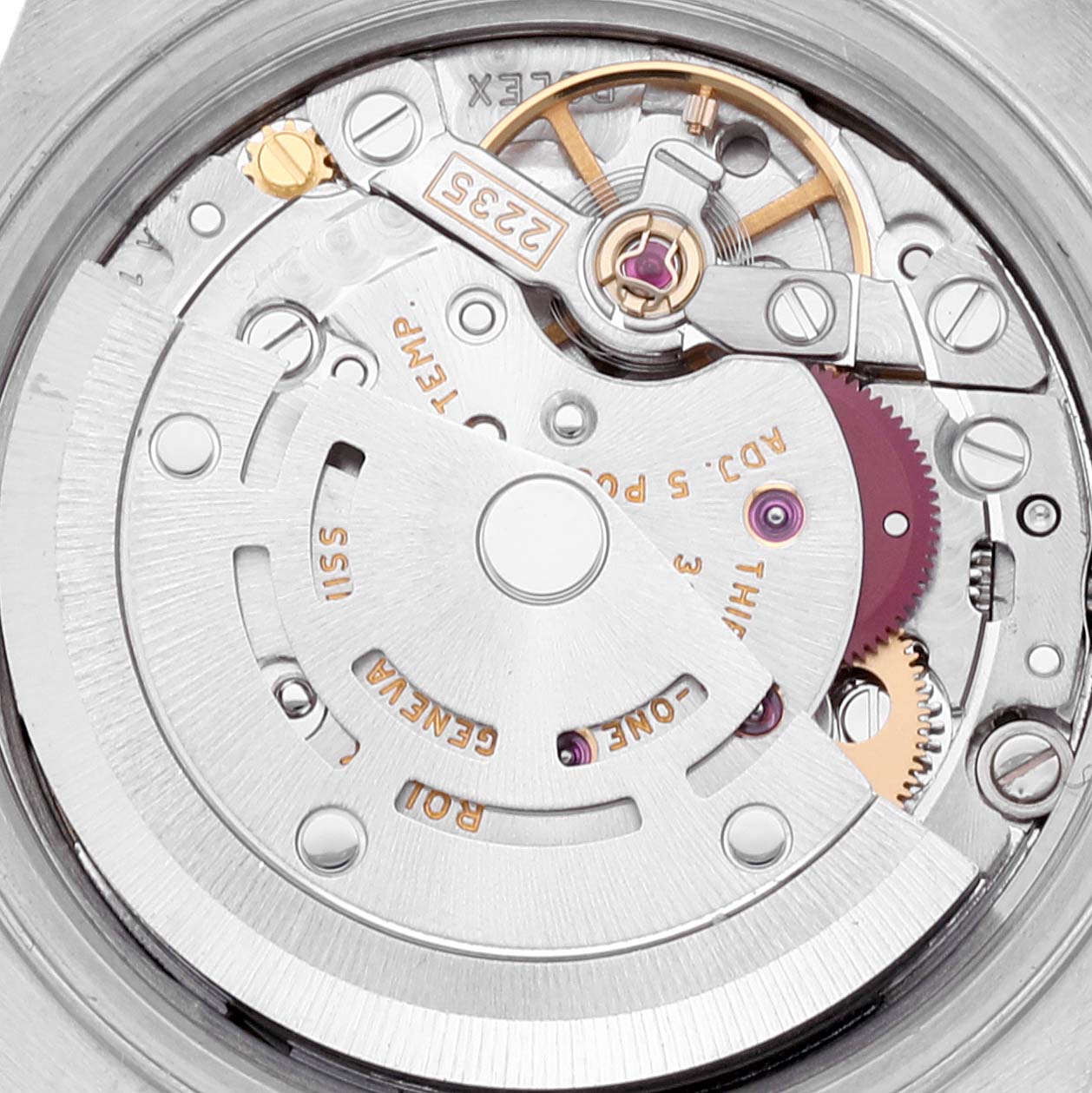 This image shows the internal mechanism of the Rolex Datejust 79174 Women's Stainless Steel Mother of Pearl Dial 79174 Women's Stainless Steel Mother of Pearl Dial watch from a back view, highlighting the movement and rotor.