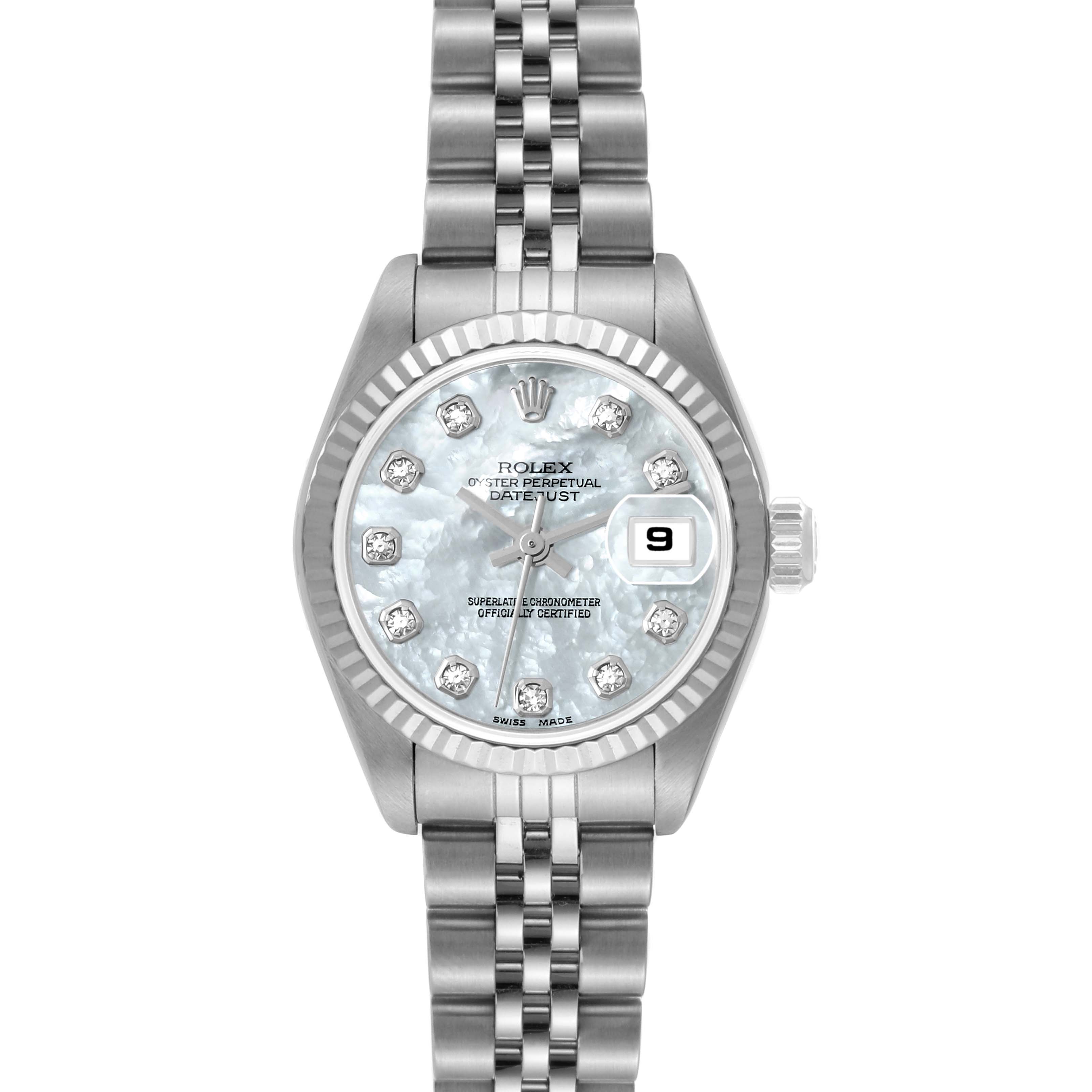 The Rolex Datejust 79174 Women's Stainless Steel Mother of Pearl Dial 79174 Women's Stainless Steel Mother of Pearl Dial watch is shown from a top-down angle, displaying the dial, bezel, and bracelet.