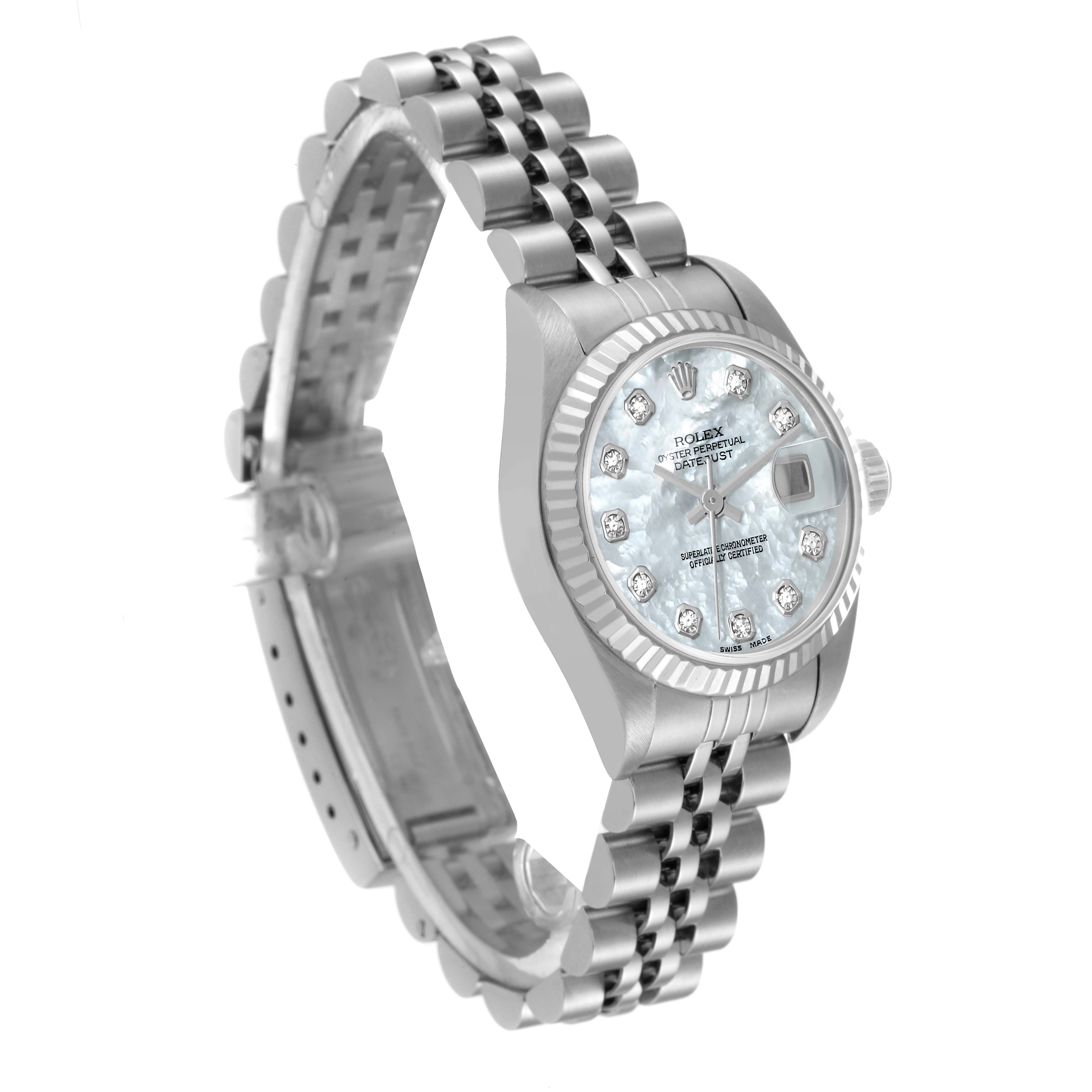 The image shows a side and front angle of a Rolex Datejust 79174 Women's Stainless Steel Mother of Pearl Dial 79174 Women's Stainless Steel Mother of Pearl Dial watch, highlighting the dial, bezel, and bracelet.