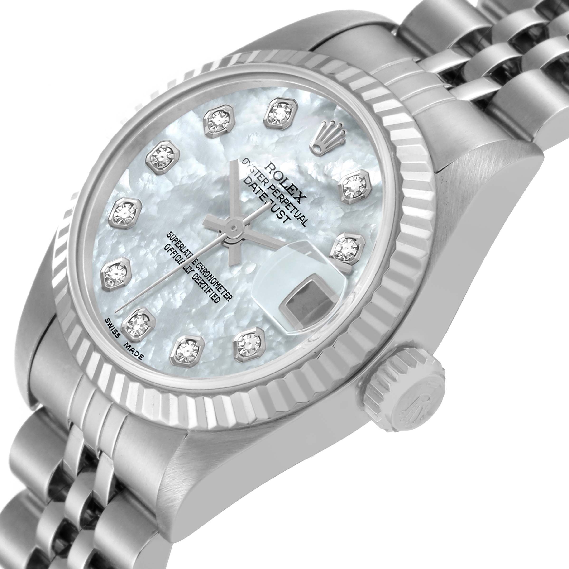 This image shows a close-up, angled view of the Rolex Datejust 79174 Women's Stainless Steel Mother of Pearl Dial 79174 Women's Stainless Steel Mother of Pearl Dial watch, highlighting its dial, bezel, and part of the bracelet.