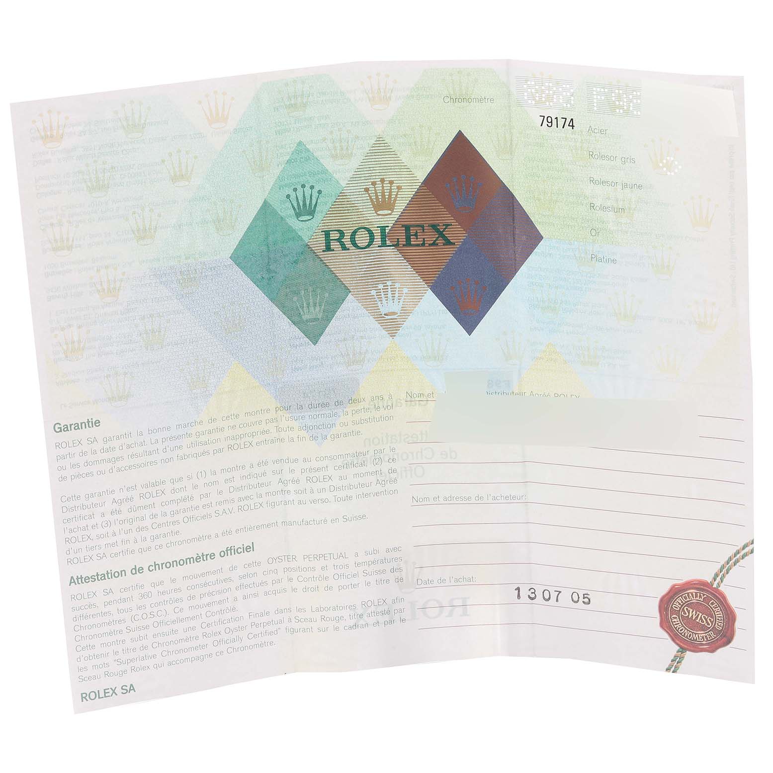 The image shows a warranty card for the Rolex Datejust 79174 Women's Stainless Steel Mother of Pearl Dial 79174 Women's Stainless Steel Mother of Pearl Dial model, displaying its text, logos, and serial number clearly.