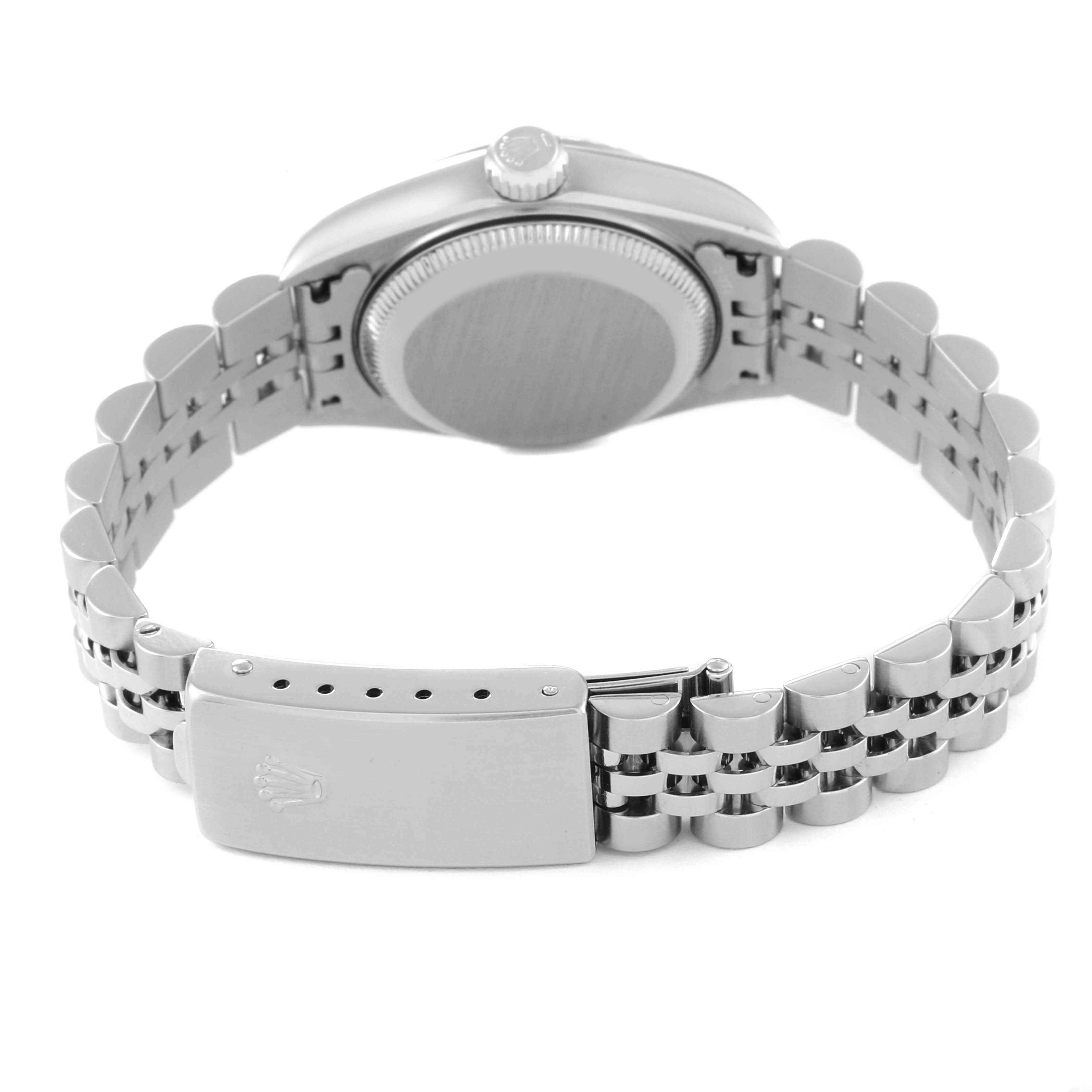 This image shows the back view of a Rolex Datejust 79174 Women's Stainless Steel Mother of Pearl Dial 79174 Women's Stainless Steel Mother of Pearl Dial watch, including the case back, crown, and bracelet with a clasp.