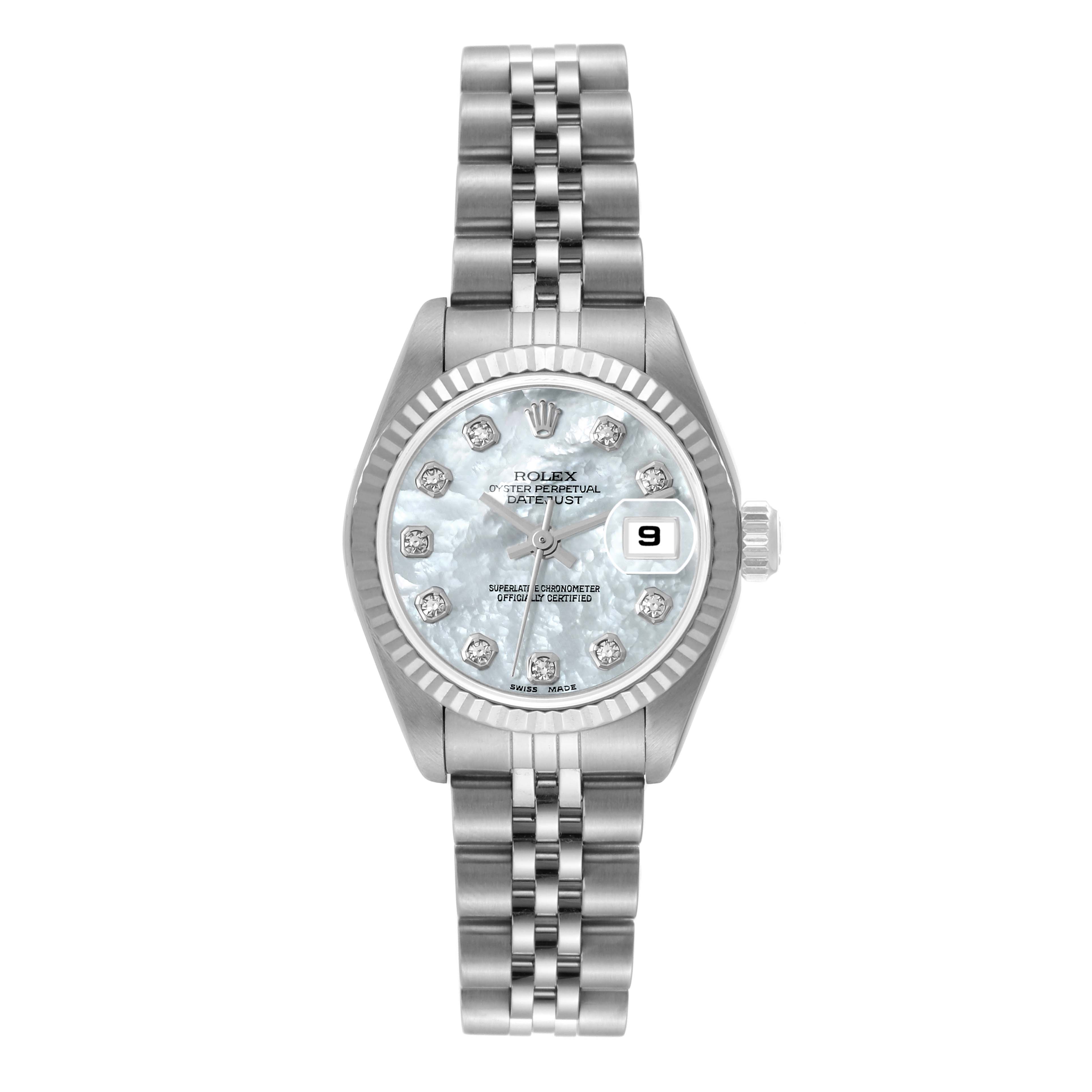 The image shows a Rolex Datejust 79174 Women's Stainless Steel Mother of Pearl Dial 79174 Women's Stainless Steel Mother of Pearl Dial watch from a top-down perspective, highlighting its dial, bezel, bracelet, and date window.