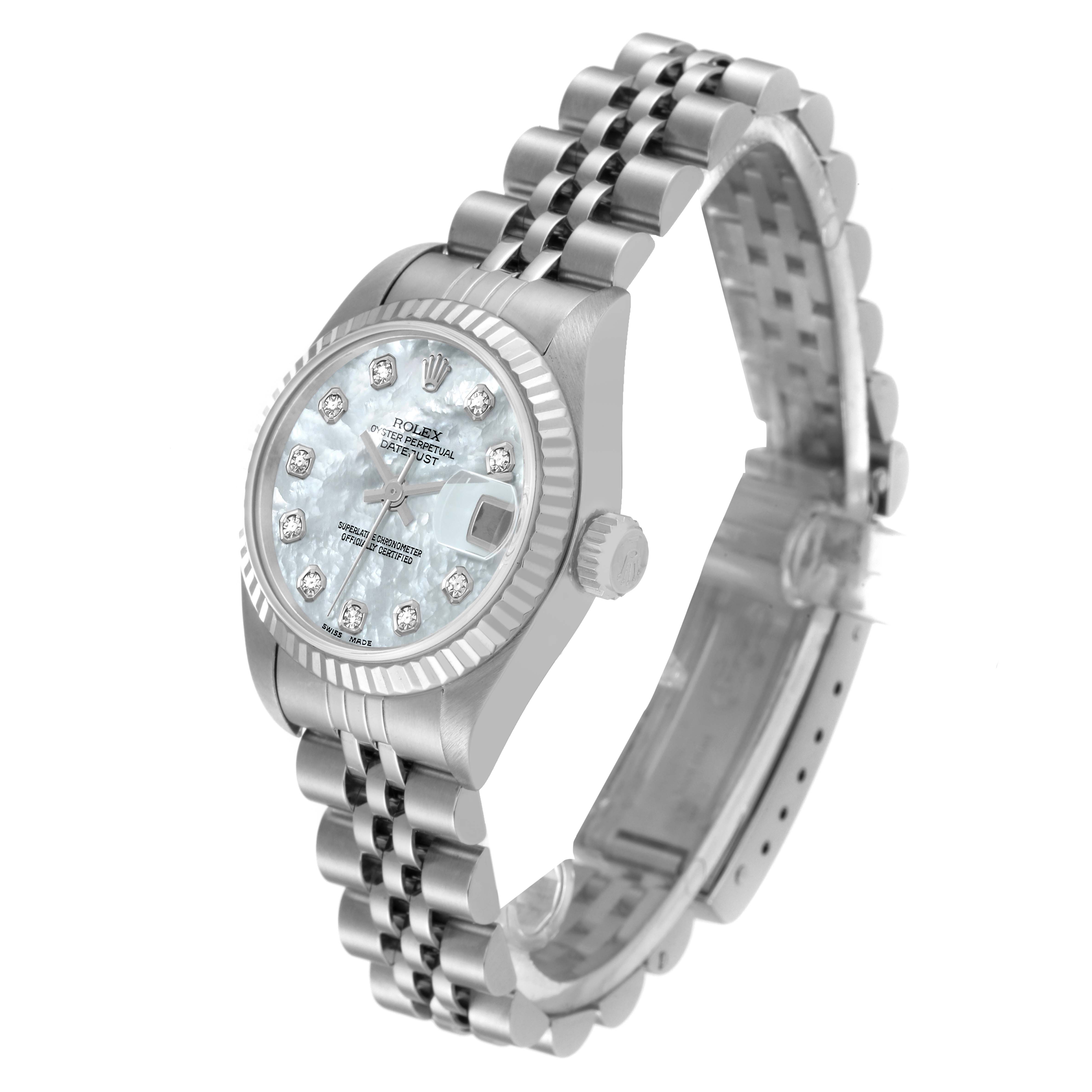 The image shows a Rolex Datejust 79174 Women's Stainless Steel Mother of Pearl Dial 79174 Women's Stainless Steel Mother of Pearl Dial watch angled to display the face, bezel, and part of the bracelet band.
