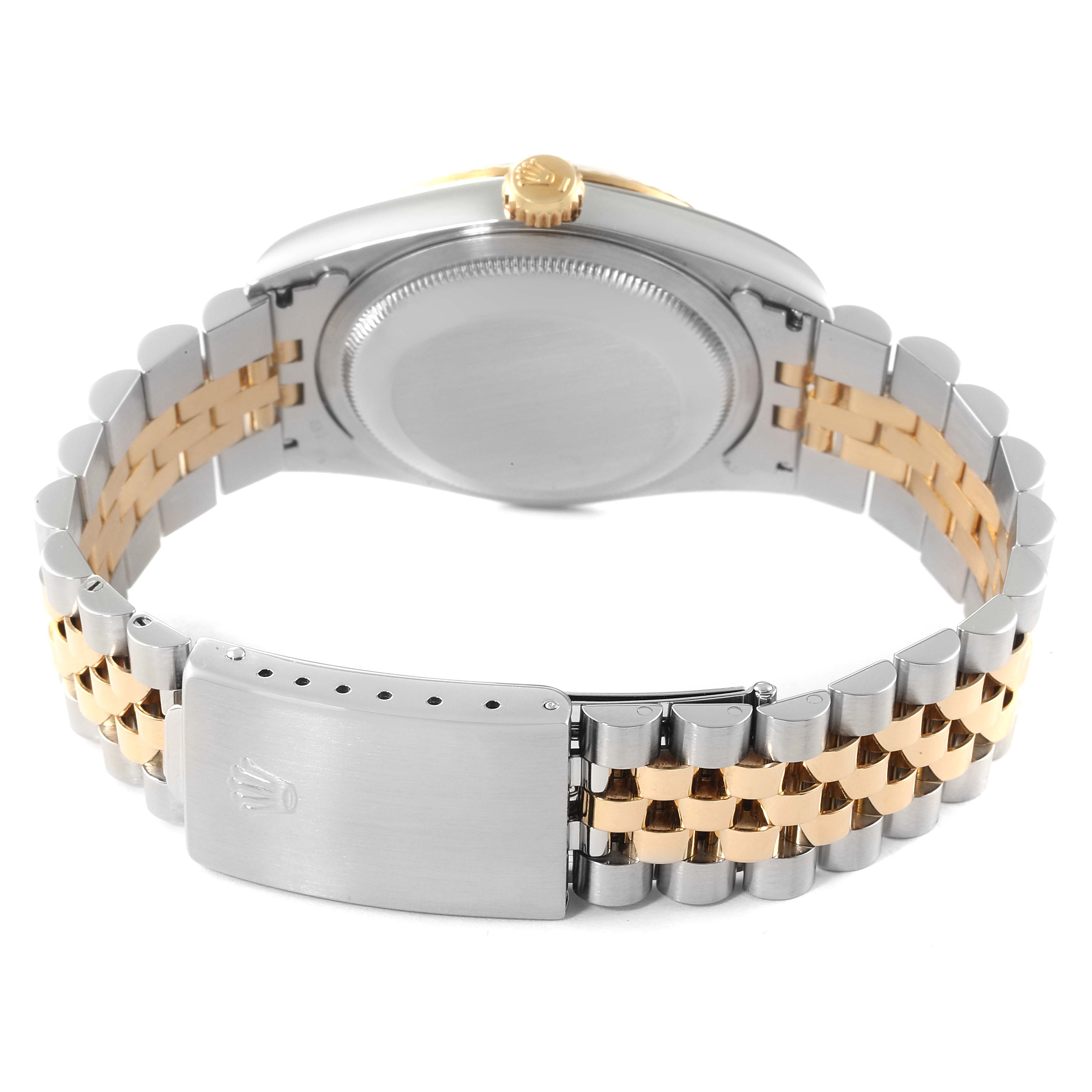 The image shows the back of the Rolex Datejust 16233 Men
s Steel and Gold (two tone) Black Dial 16233 Men
s Steel and Gold (two tone) Black Dial watch, including the bracelet and clasp.