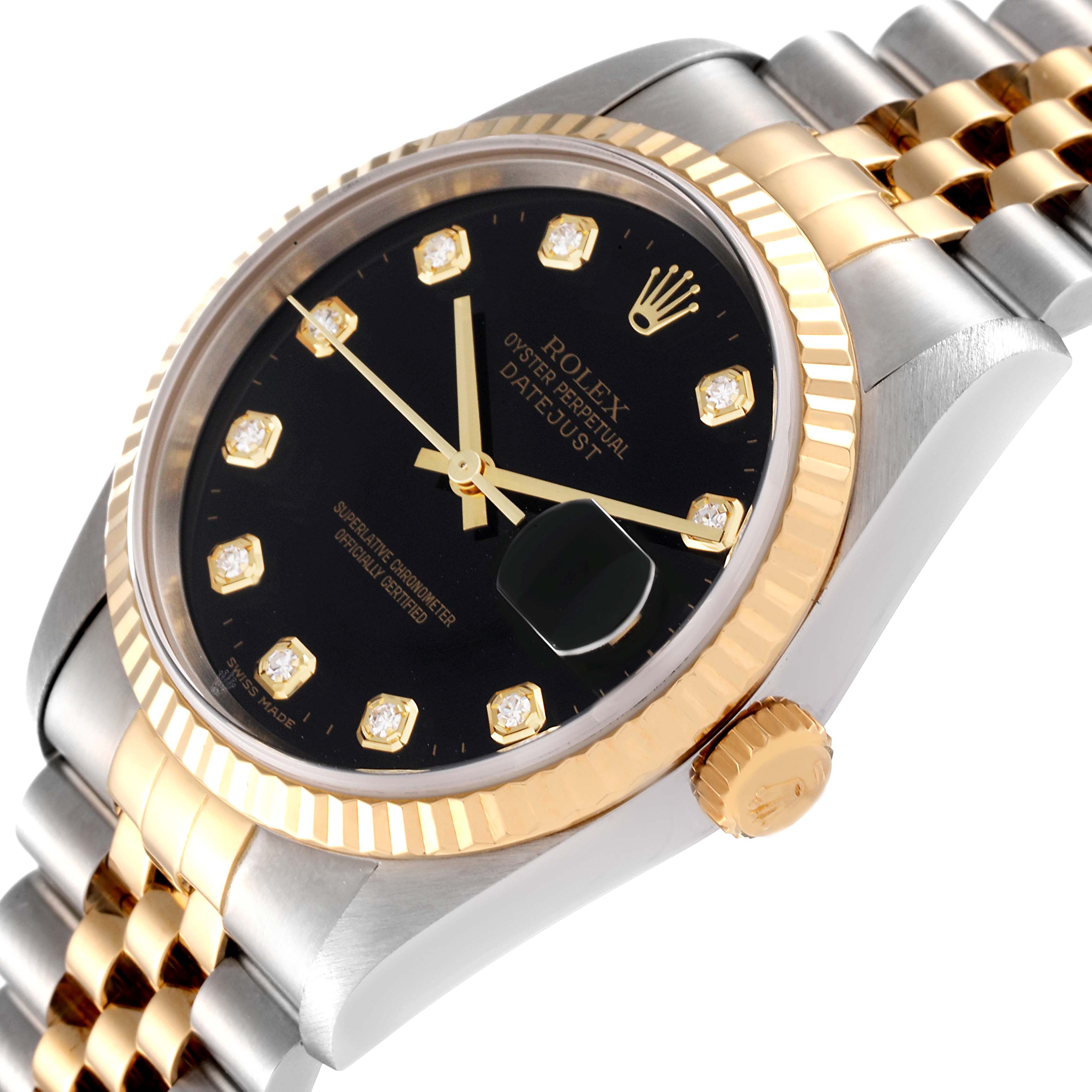 The Rolex Datejust 16233 Men
s Steel and Gold (two tone) Black Dial 16233 Men
s Steel and Gold (two tone) Black Dial watch is shown at an angle highlighting the black dial, fluted bezel, crown, and two-tone Jubilee bracelet.
