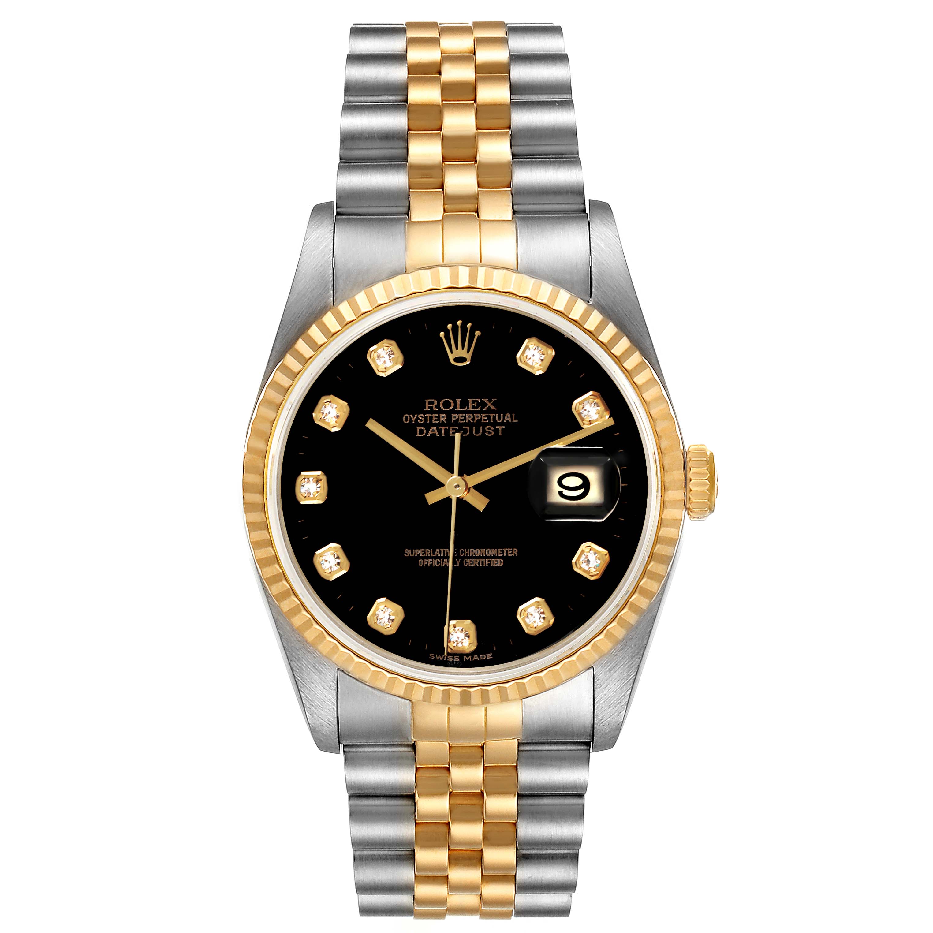 This image shows a frontal view of the Rolex Datejust 16233 Men
s Steel and Gold (two tone) Black Dial 16233 Men
s Steel and Gold (two tone) Black Dial watch, highlighting its bi-color bracelet, black dial, and date window.