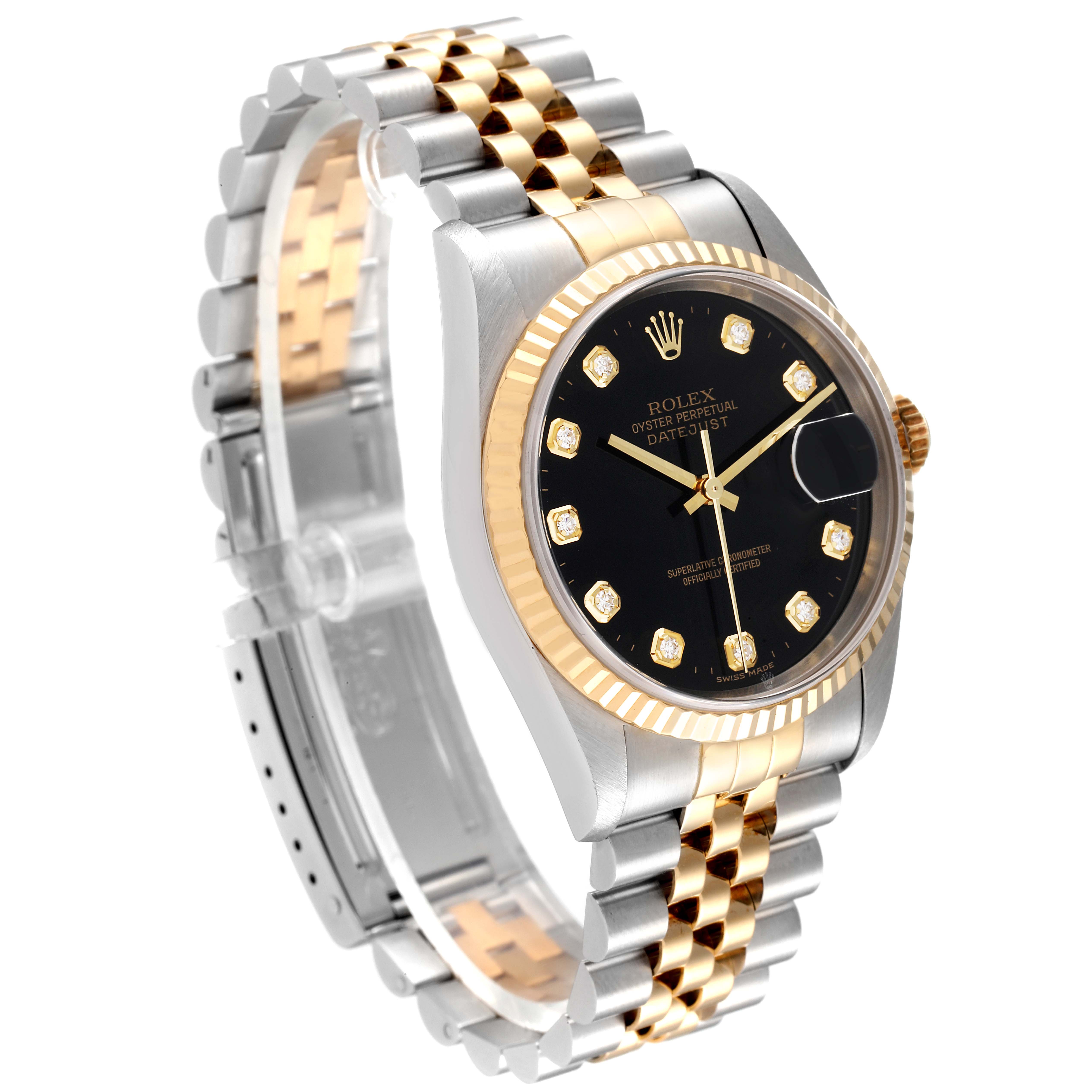 The Rolex Datejust 16233 Men
s Steel and Gold (two tone) Black Dial 16233 Men
s Steel and Gold (two tone) Black Dial watch is pictured at an angle showing the face, bezel, and two-tone bracelet.