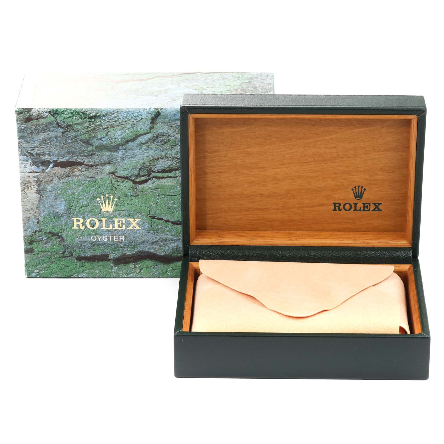 The image shows a Rolex Datejust 16233 Men
s Steel and Gold (two tone) Black Dial 16233 Men
s Steel and Gold (two tone) Black Dial watch box with both the outer and inner box open, and a protective pouch inside.