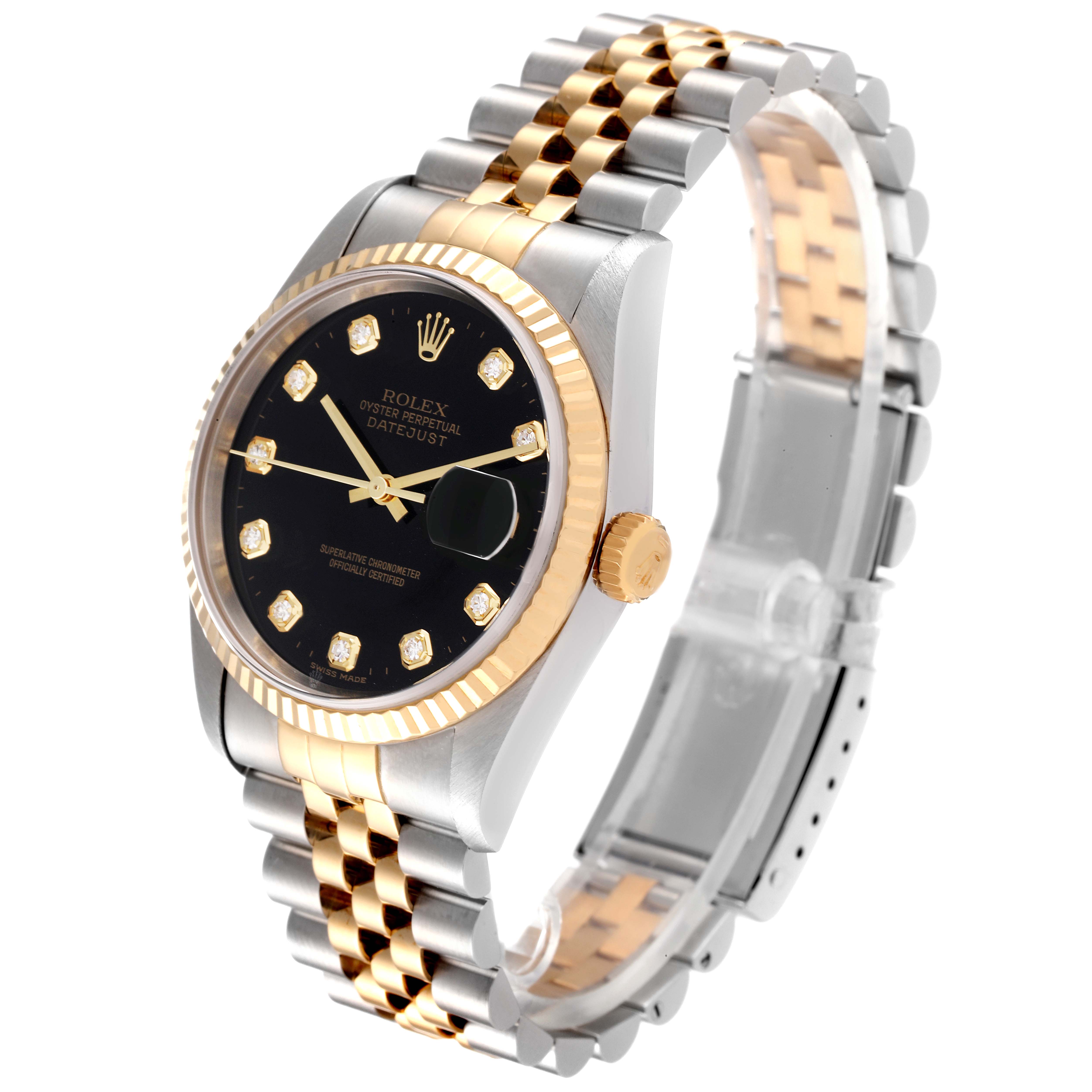 The image shows a Rolex Datejust 16233 Men
s Steel and Gold (two tone) Black Dial 16233 Men
s Steel and Gold (two tone) Black Dial watch angled slightly to the right, displaying the face, bezel, and bracelet.
