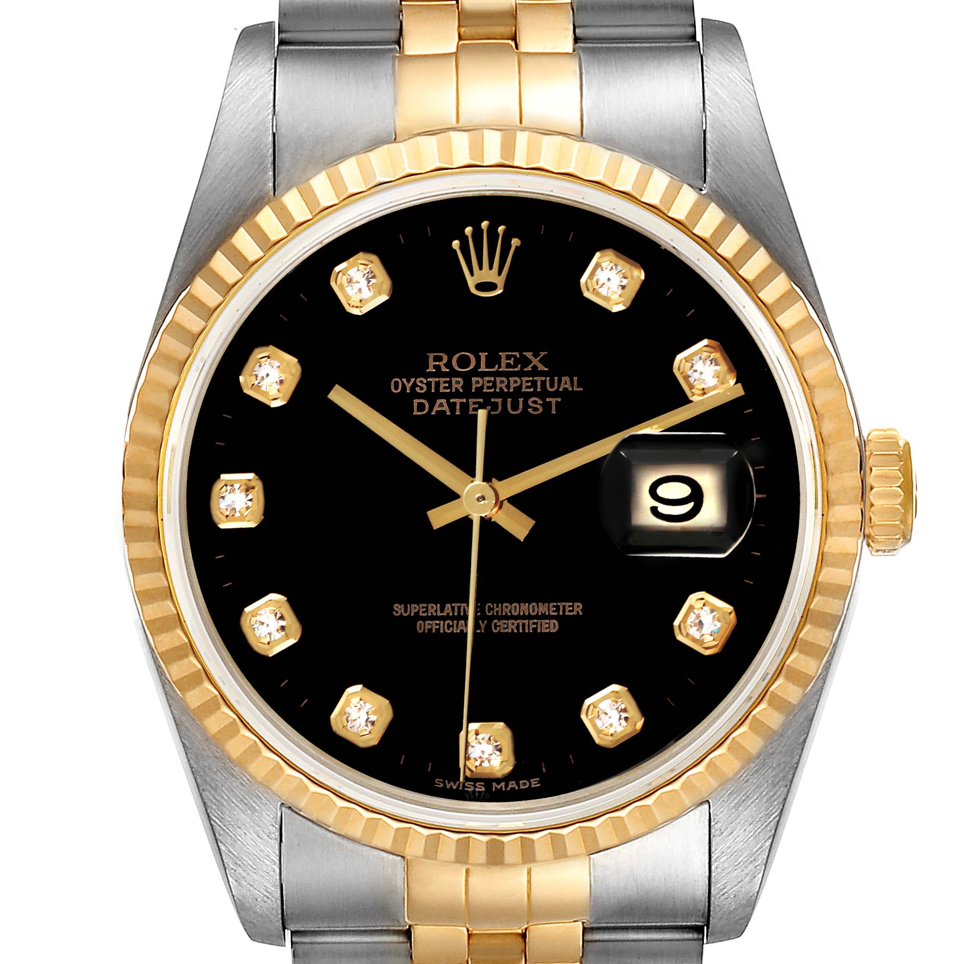 This image shows a Rolex Datejust 16233 Men
s Steel and Gold (two tone) Black Dial 16233 Men
s Steel and Gold (two tone) Black Dial watch from a front angle, highlighting the black dial, gold numerals, bezel, and date window.