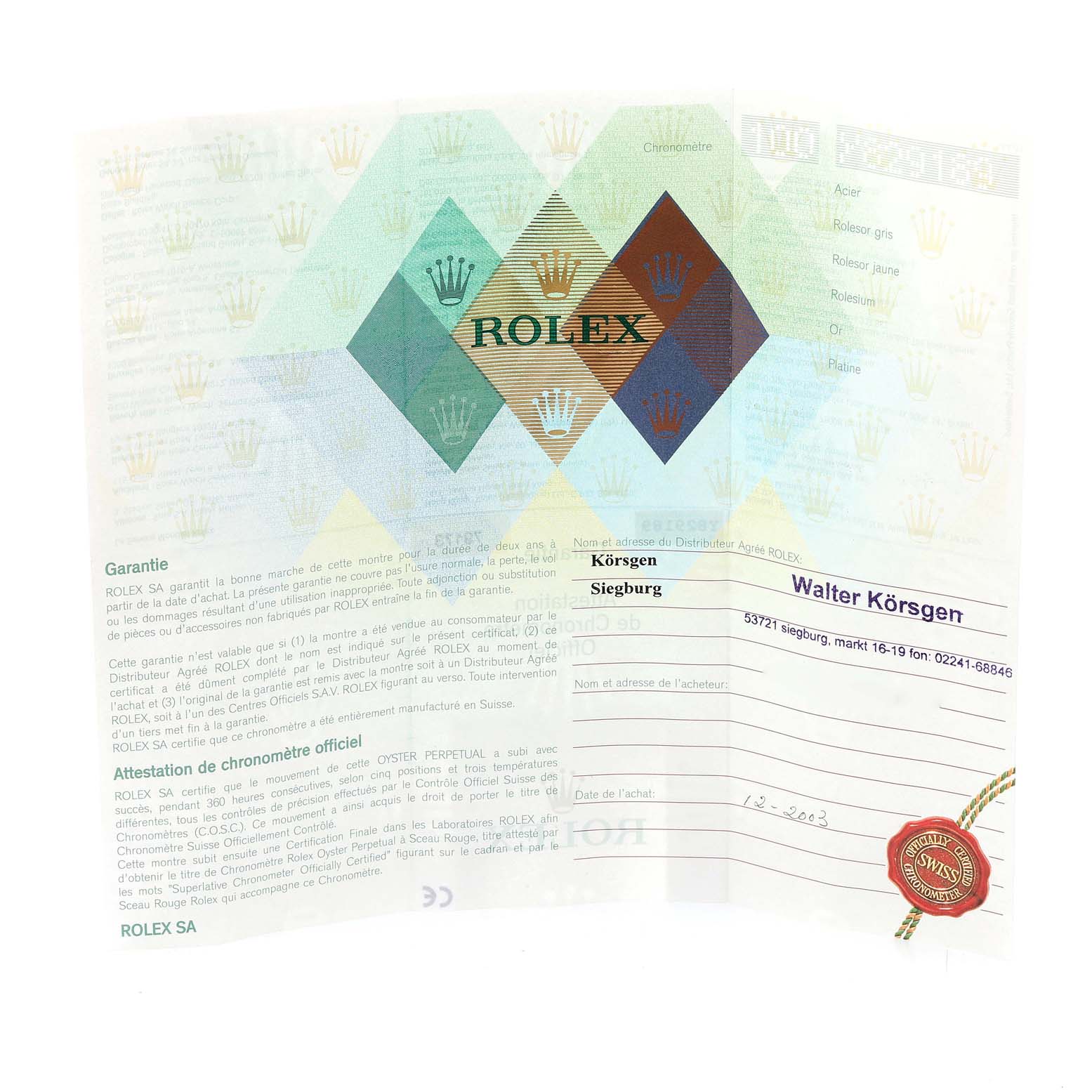 The image shows a warranty card for a Rolex Datejust 79173 Women
s Steel and Gold (two tone) Champagne Dial 79173 Women
s Steel and Gold (two tone) Champagne Dial watch.