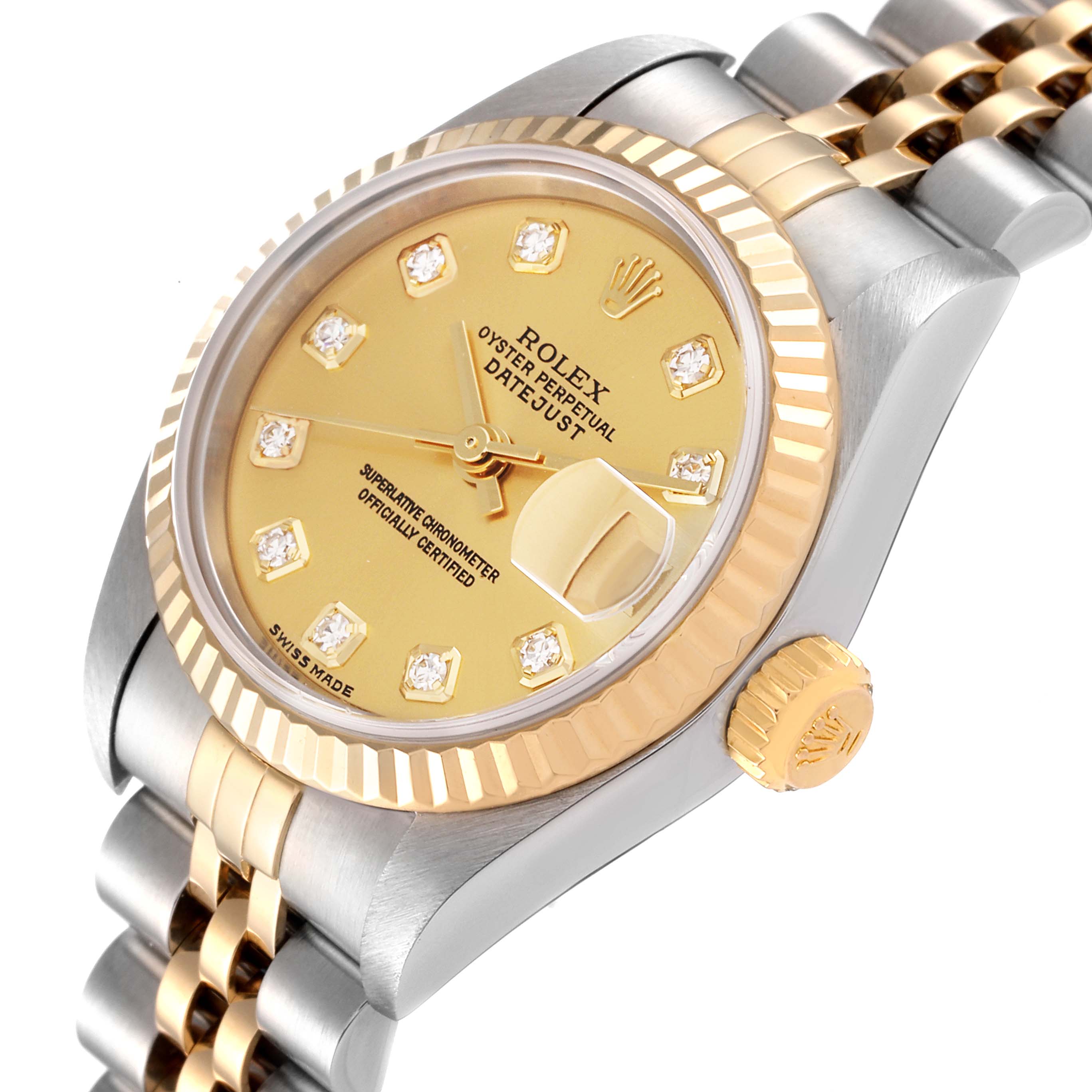 The image shows a close-up of the Rolex Datejust 79173 Women
s Steel and Gold (two tone) Champagne Dial 79173 Women
s Steel and Gold (two tone) Champagne Dial, highlighting the dial, bezel, crown, and part of the bracelet.