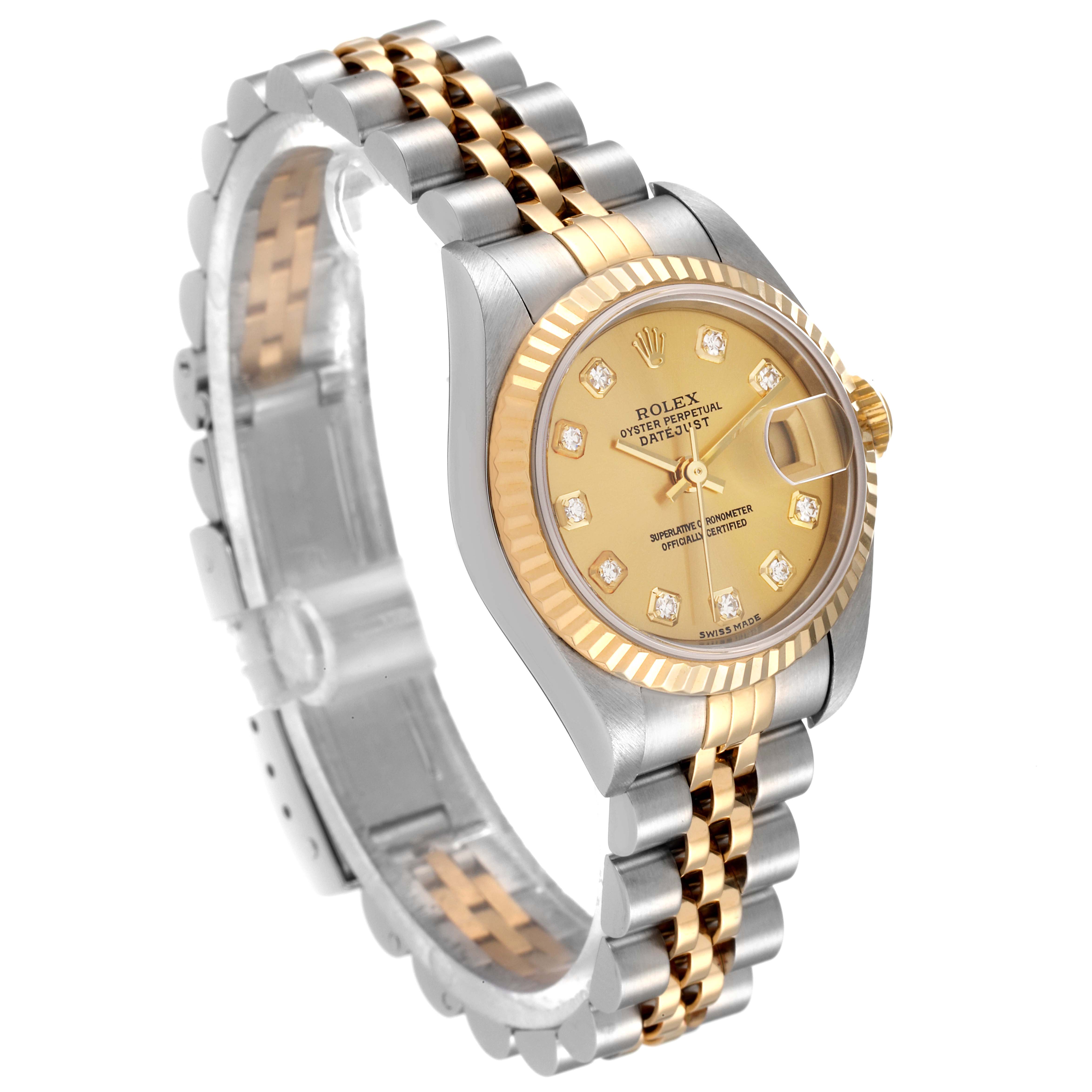 This image shows a Rolex Datejust 79173 Women
s Steel and Gold (two tone) Champagne Dial 79173 Women
s Steel and Gold (two tone) Champagne Dial model from an angled front view, highlighting its gold and silver design and diamond hour markers.