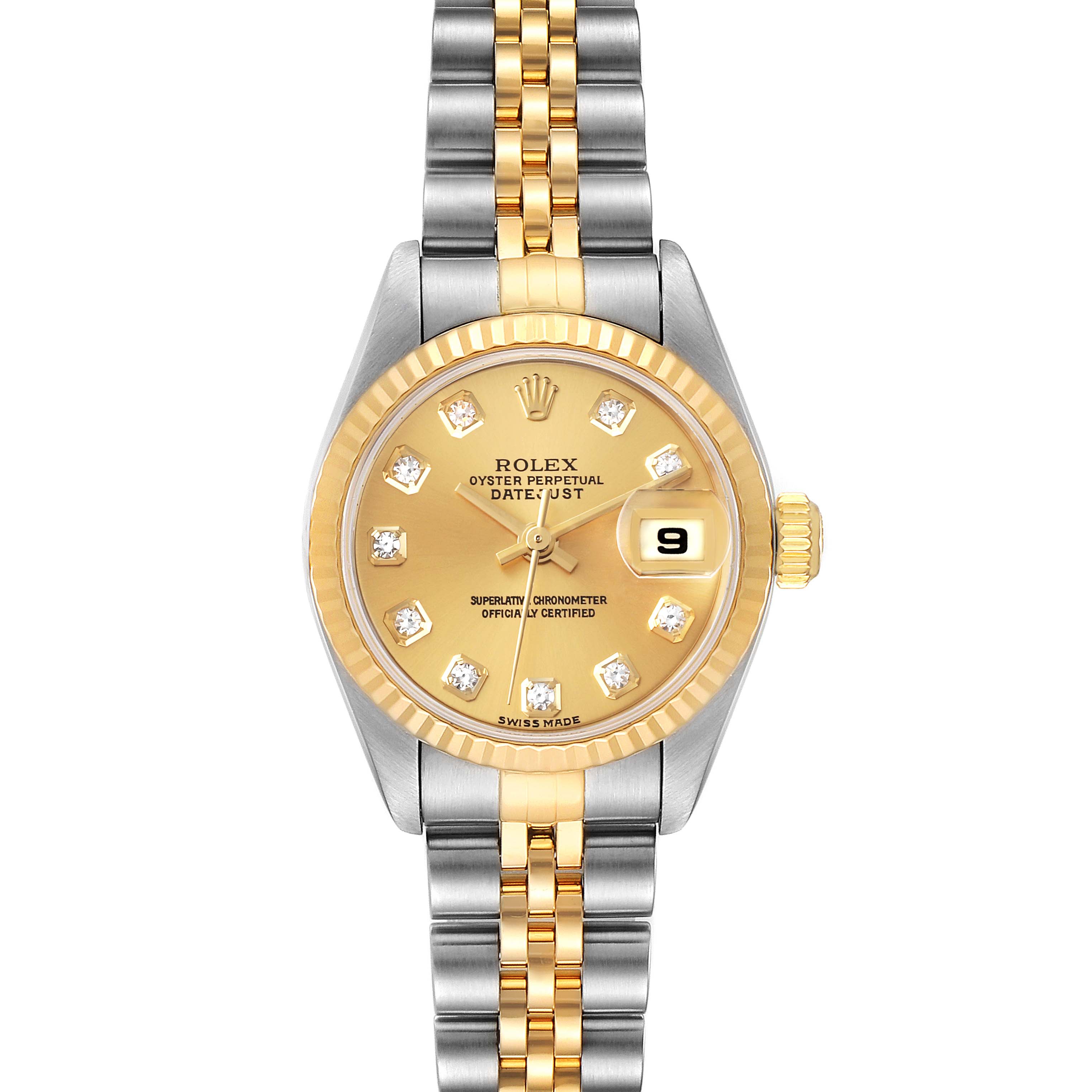 This image shows a front view of the Rolex Datejust 79173 Women
s Steel and Gold (two tone) Champagne Dial 79173 Women
s Steel and Gold (two tone) Champagne Dial watch, featuring its two-tone bracelet, gold dial with diamond hour markers, and date display.