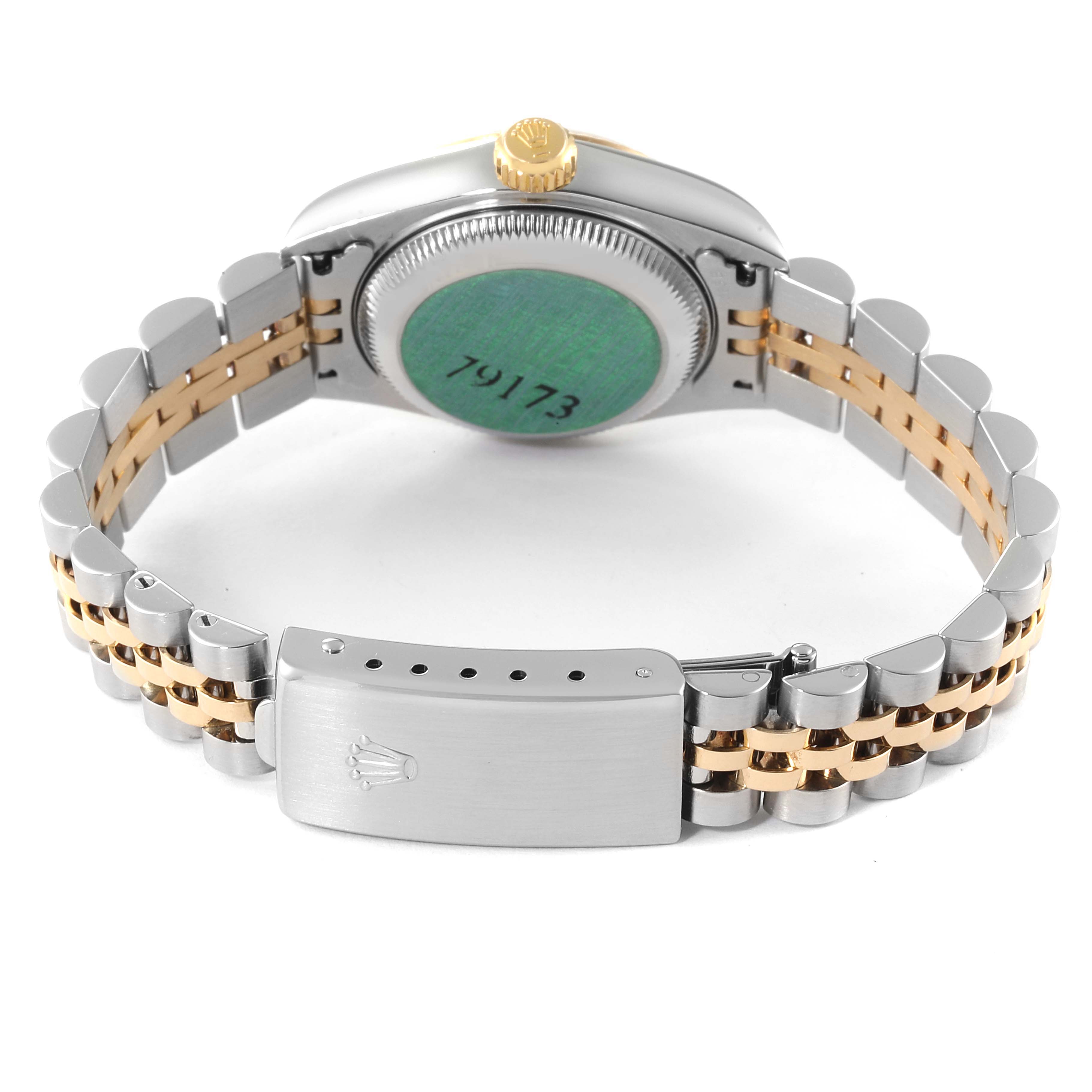 The image shows the back view of the Rolex Datejust 79173 Women
s Steel and Gold (two tone) Champagne Dial 79173 Women
s Steel and Gold (two tone) Champagne Dial watch, highlighting the clasp, bracelet, and case back.