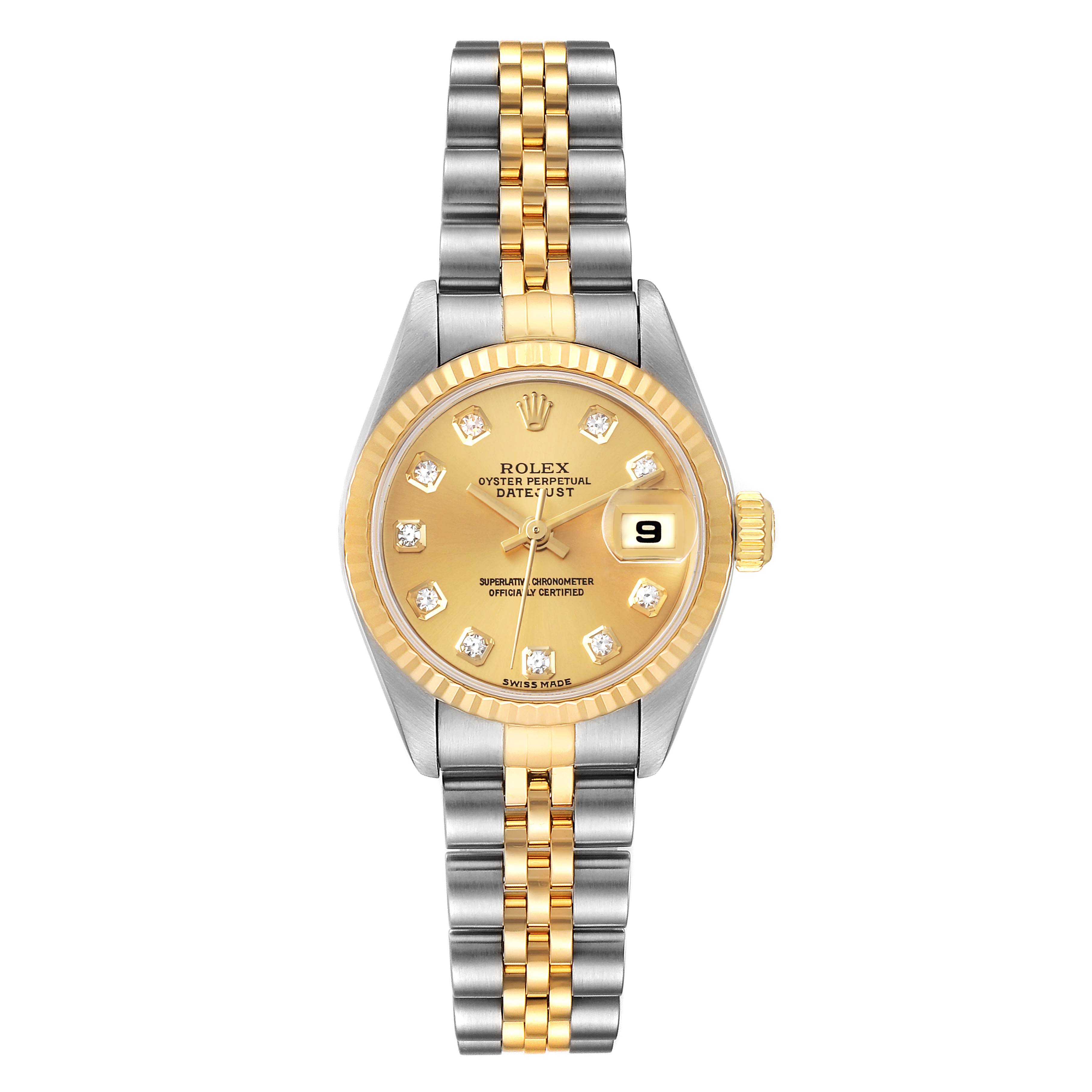 This image shows a front view of a Rolex Datejust 79173 Women
s Steel and Gold (two tone) Champagne Dial 79173 Women
s Steel and Gold (two tone) Champagne Dial watch with a two-tone bracelet, gold bezel, and diamond markers.