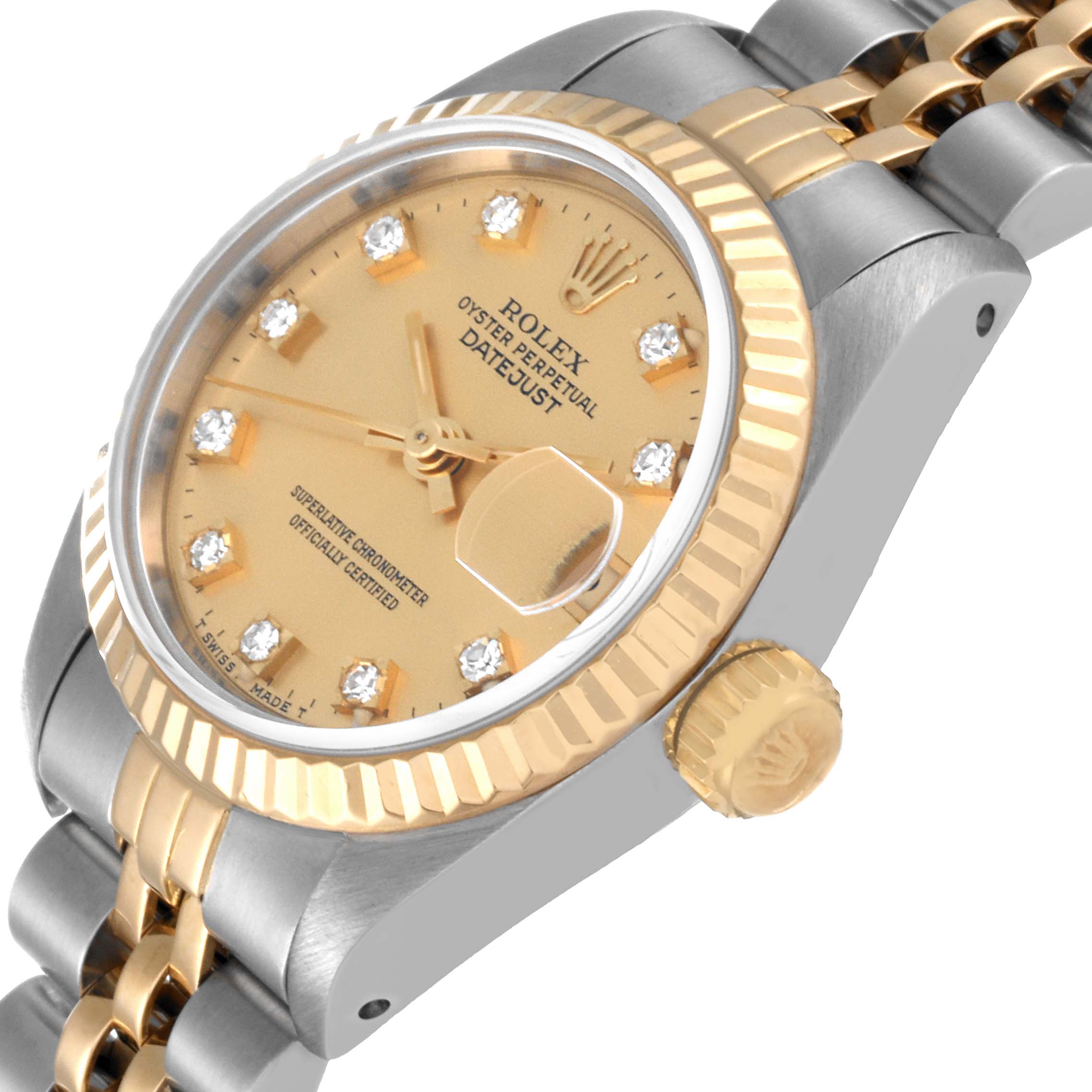 The image shows a close-up side angle of a Rolex Datejust 69173 Women's Steel and Gold (two tone) Champagne Dial 69173 Women's Steel and Gold (two tone) Champagne Dial watch, highlighting the dial, bezel, crown, and part of the bracelet.