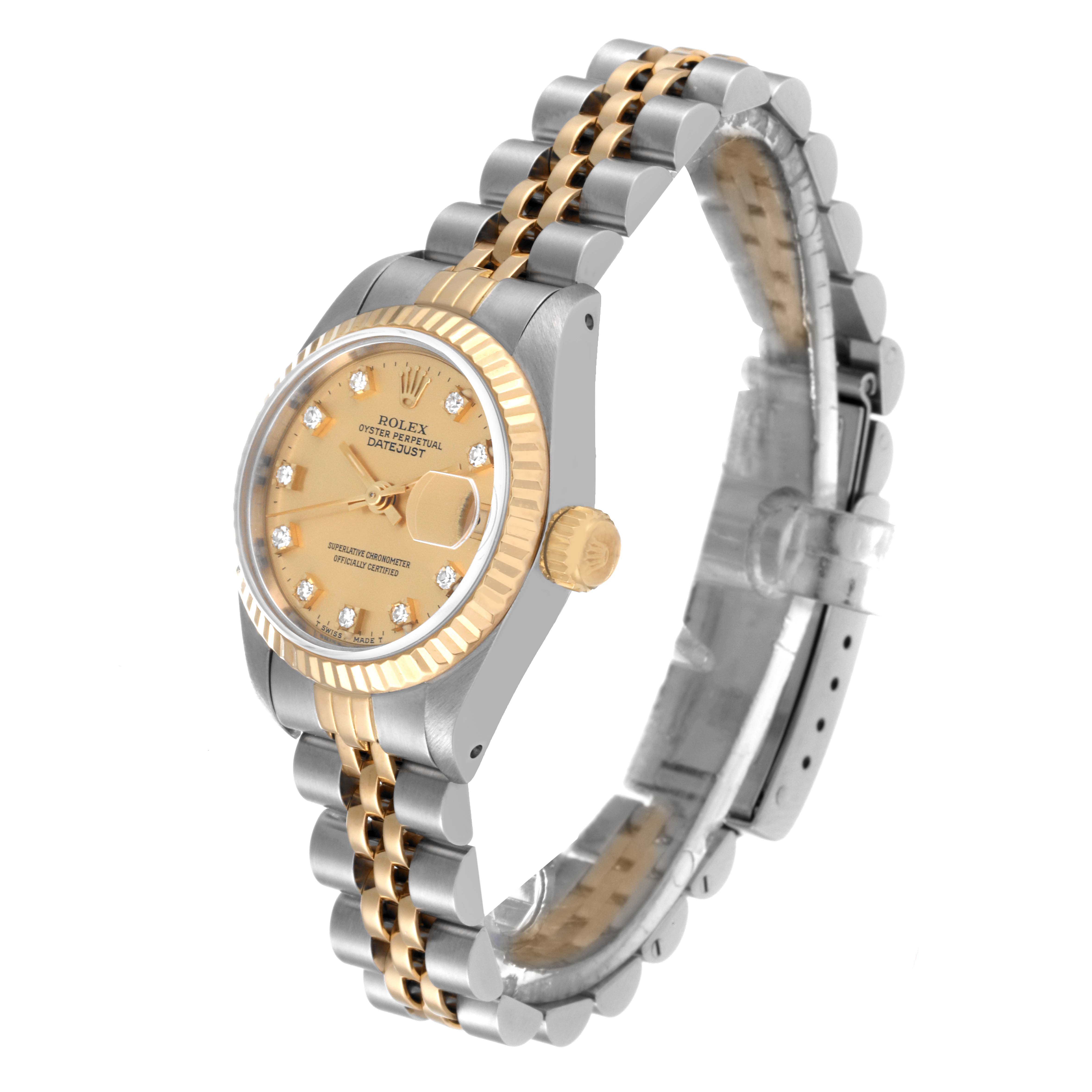 This image shows a side and front angle of a Rolex Datejust 69173 Women's Steel and Gold (two tone) Champagne Dial 69173 Women's Steel and Gold (two tone) Champagne Dial watch, highlighting the dial, bezel, crown, and two-tone bracelet.