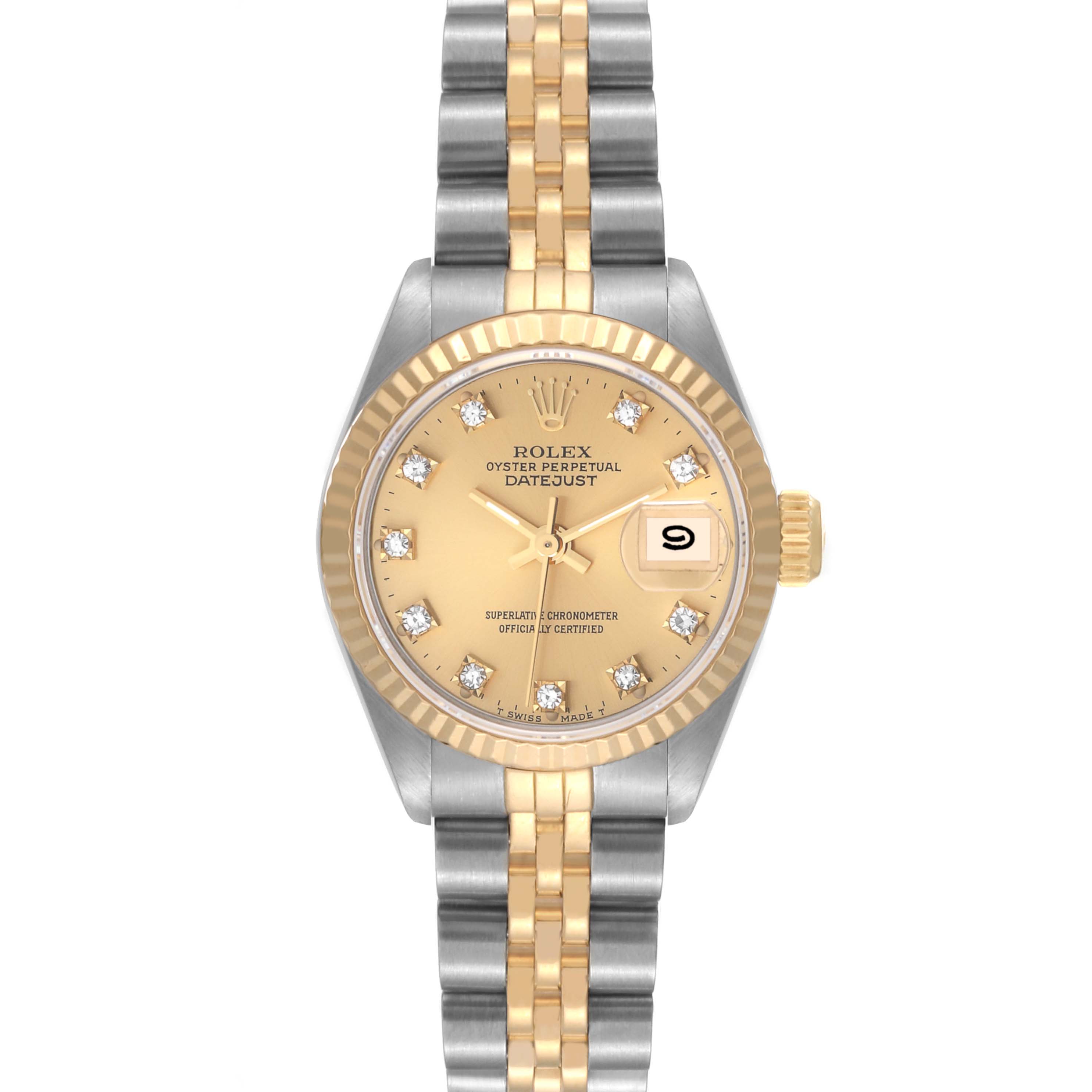 The image shows a Rolex Datejust 69173 Women's Steel and Gold (two tone) Champagne Dial 69173 Women's Steel and Gold (two tone) Champagne Dial watch from a front angle, highlighting its dial, bezel, and two-tone bracelet.