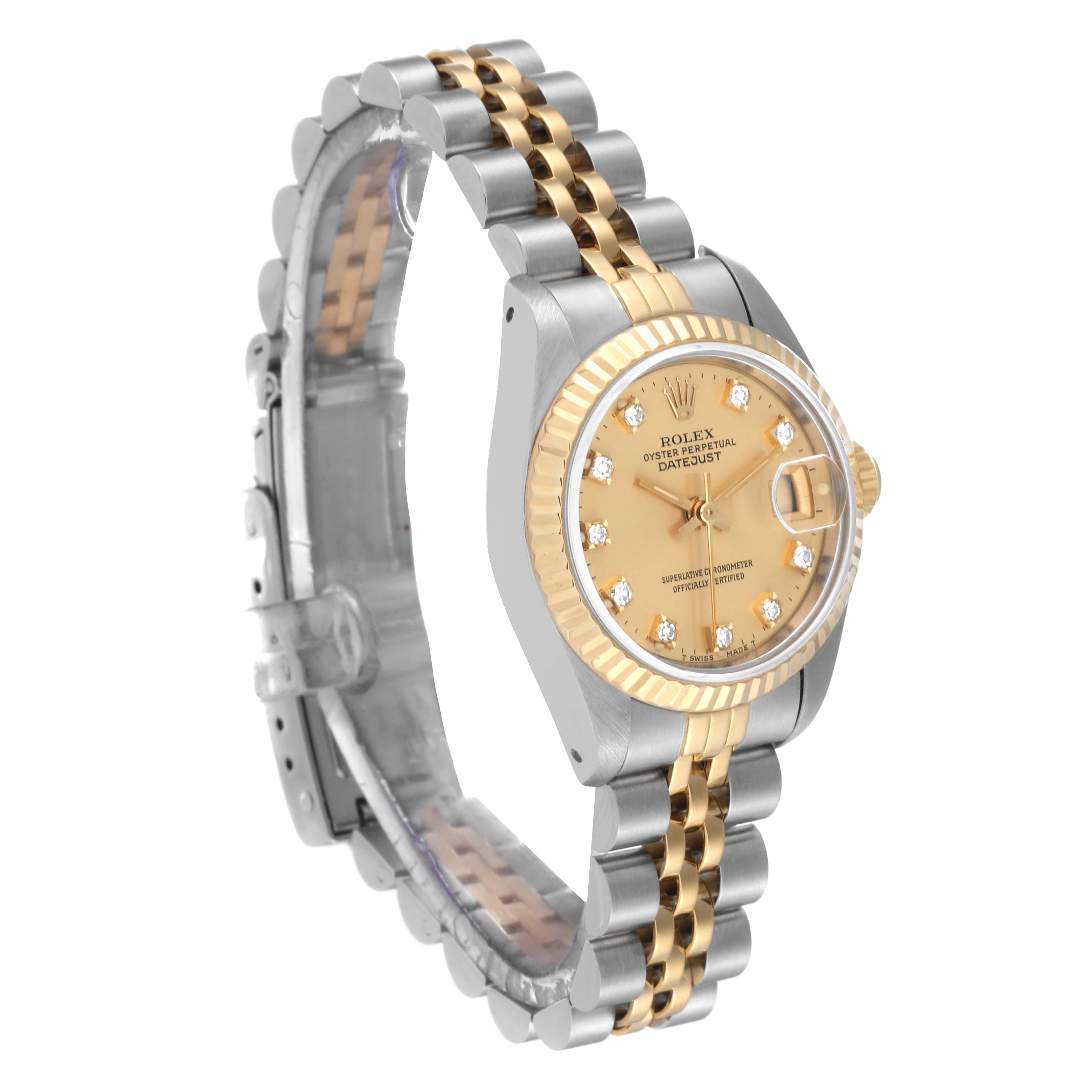 The image shows a side angle of a Rolex Datejust 69173 Women's Steel and Gold (two tone) Champagne Dial 69173 Women's Steel and Gold (two tone) Champagne Dial watch, highlighting its bezel, dial, and two-tone bracelet.