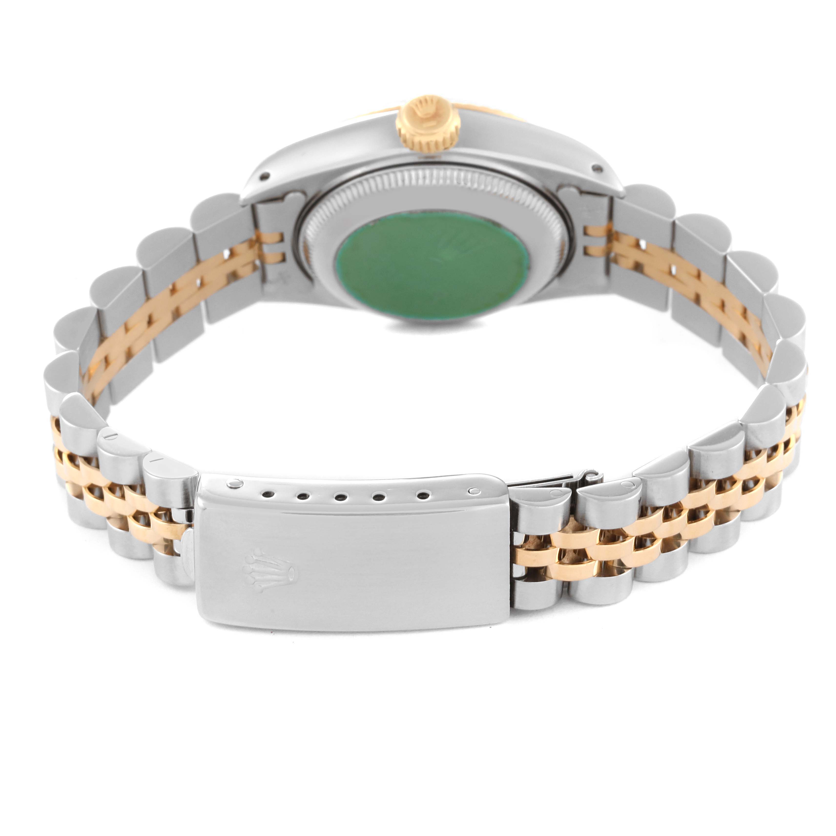 The image shows the back view of the Rolex Datejust 69173 Women's Steel and Gold (two tone) Champagne Dial 69173 Women's Steel and Gold (two tone) Champagne Dial watch with its case back, crown, bracelet, and clasp visible.